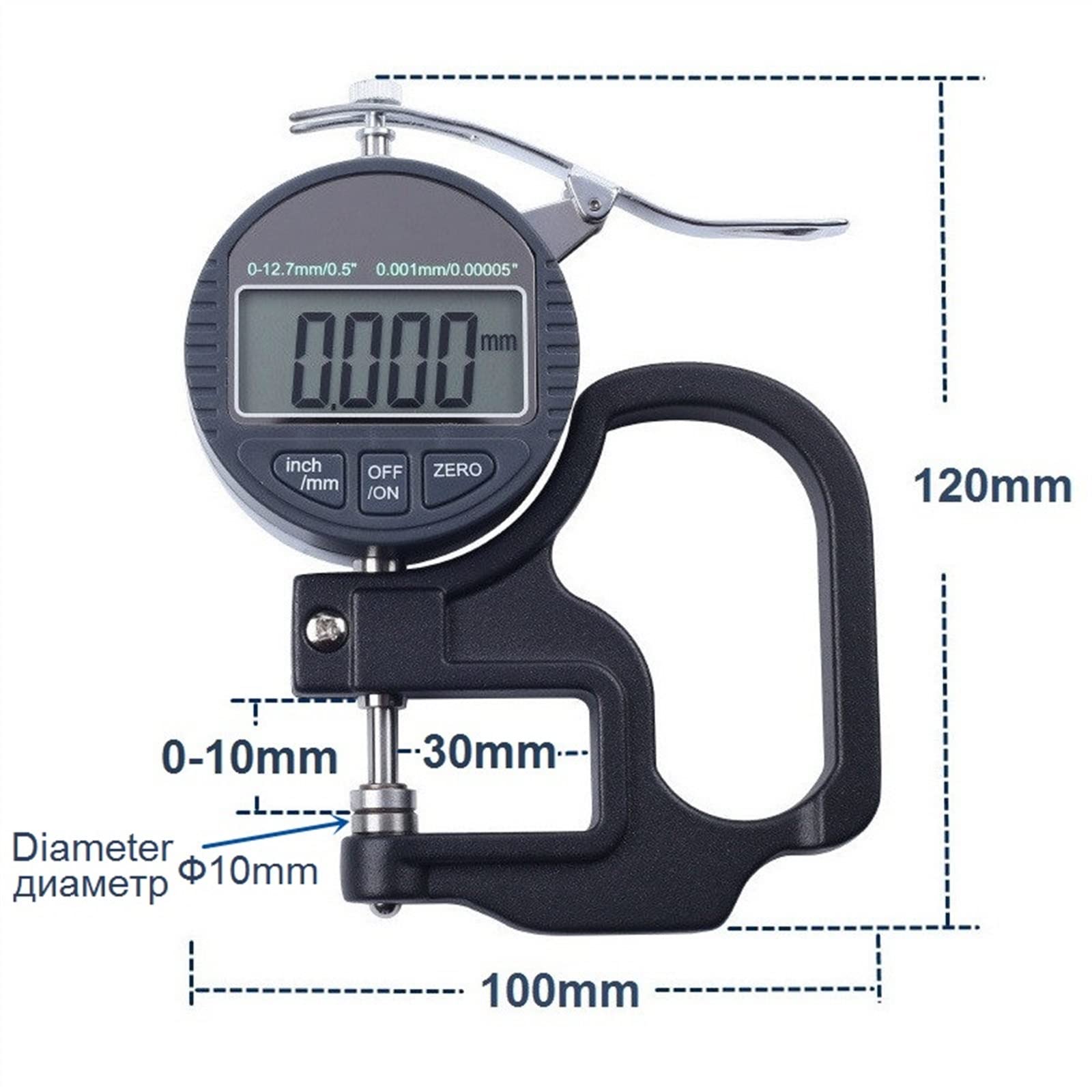 Calibrador Digital de cabeza plana, medidor espesor 0-25mm, micrómetro porcentaje, Cable película, herramientas medición papel cuero(0-10mmx0.001mm)