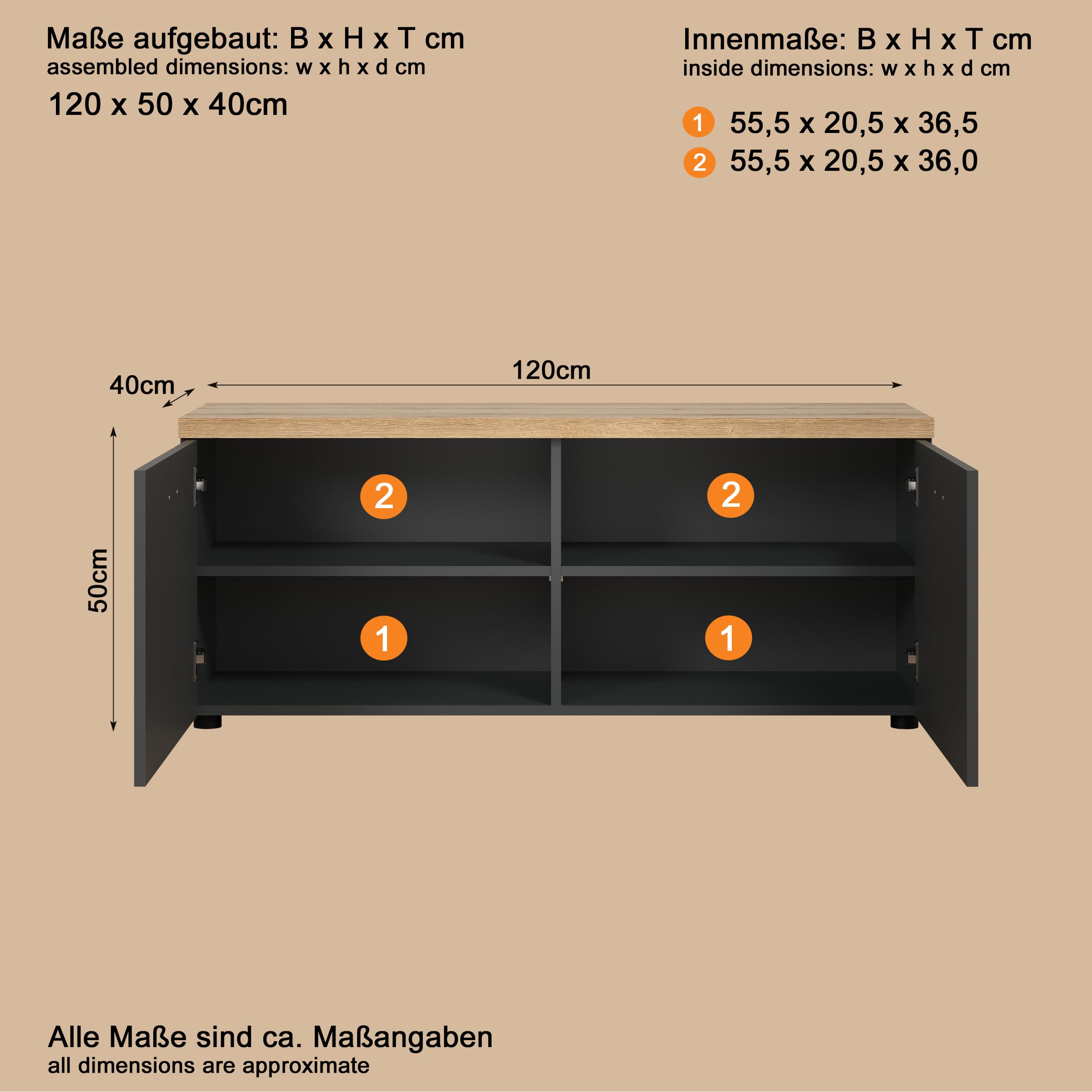 trendteam smart living Baggio Wohnwand Grau/Eiche Kombination aus Hängevitrine und 2 Lowboards (BxHxT) 240 x 212 x 40 cm für TV bis 65 Zoll