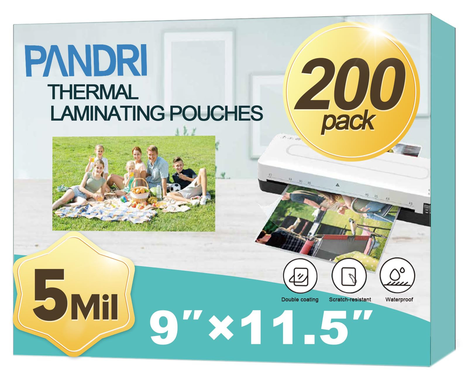 Laminating Sheets, PANDRI 200 Pack Thermal Laminator Pouches Holds 8.5 x 11 Inch, 5 Mil Clear Laminator Paper 9 x 11.5 Inch, Letter Size