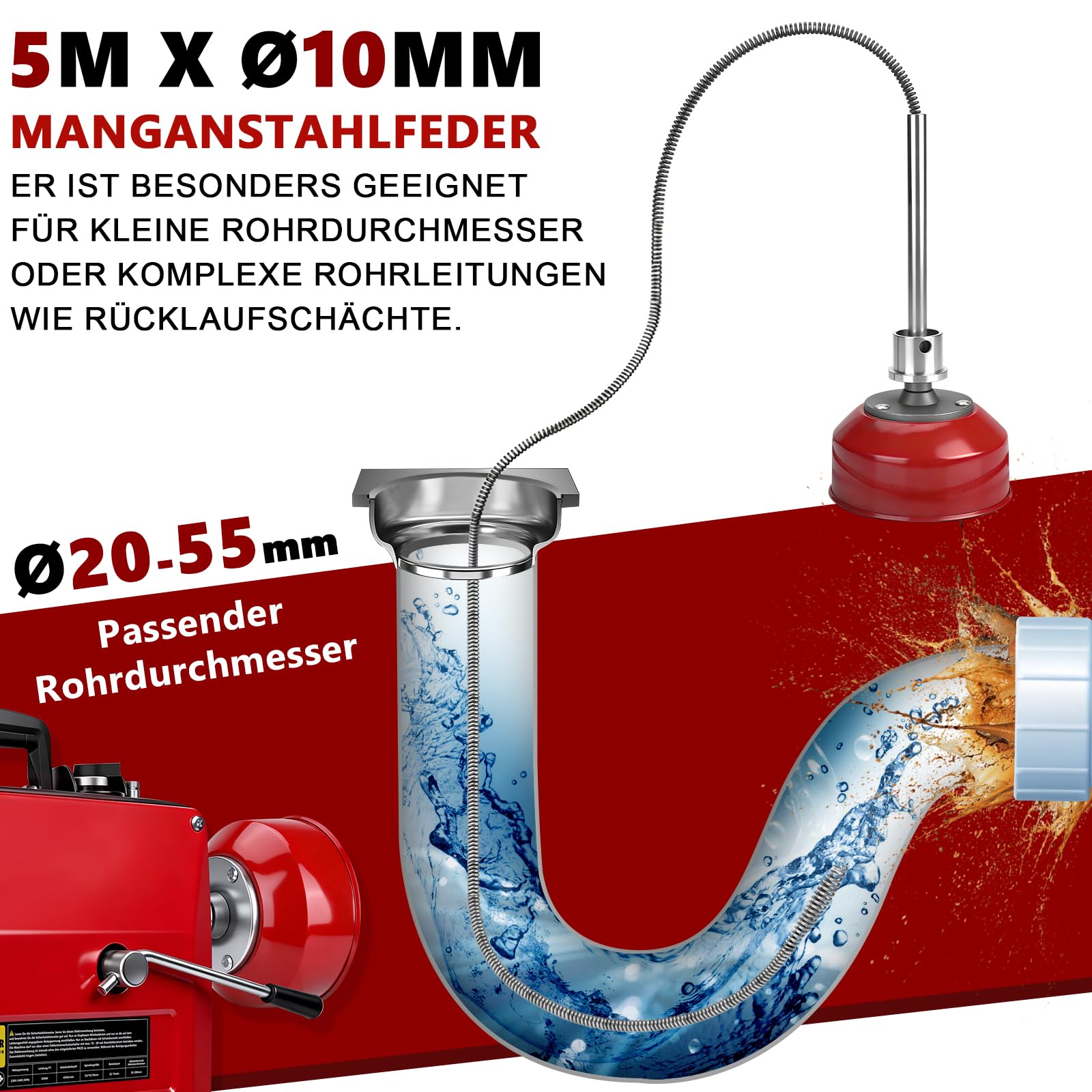 850W Rohrreinigungsmaschine für 20-200mm Rohrleitungen 12 Köpfe 450U/M | Spirale14m Ø22mm + 14.5m Ø16mm + 5m Ø10mm, Elektrischer Rohrreinigungsspirale Abflussreiniger Rohrbiegegerät Rohrreiniger