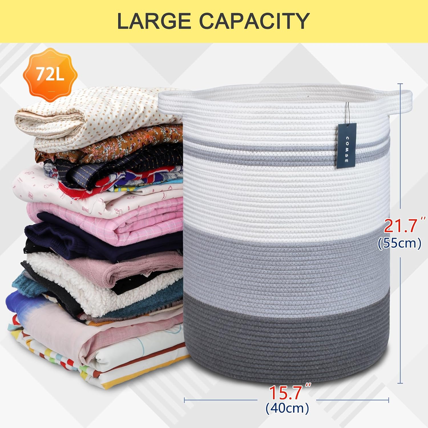 COMSE Extra Large Blanket Basket, Tall Laundry Basket, Nursery Hamper, 15.7”x 21.7”, Cotton Rope Woven Laundry Hamper for Storage Toys Clothes Towels, Gradient Gray