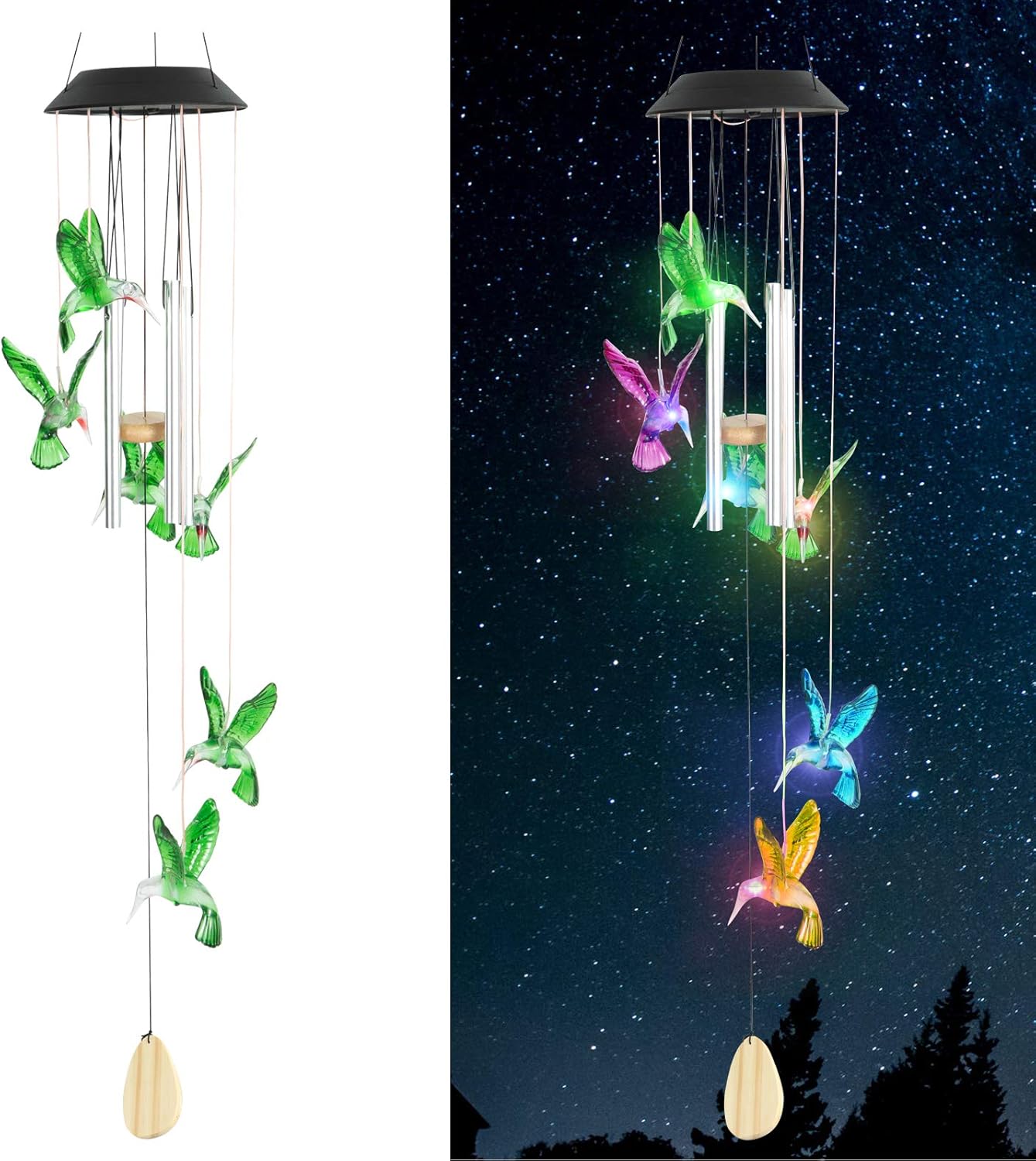 Fanciher Solar Hummingbird Wind Chimes,Color Changing Waterproof Solar LED String Lights with Tube Solid Wood Pendant for Home,Yard,Patio,Garden Decor, Mother's Day Hummingbird Gifts for Mom (Green)