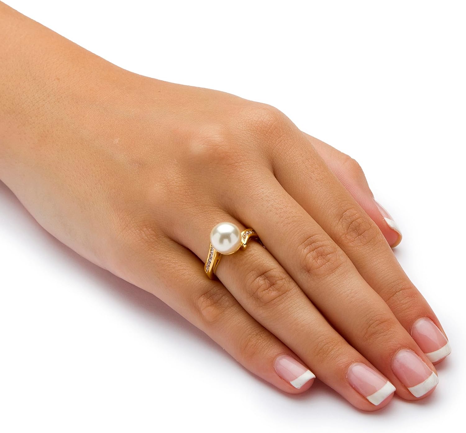 PalmBeach Yellow Gold-Plated Round Simulated Pearl and Round Cubic Zirconia Ring Sizes 5-10