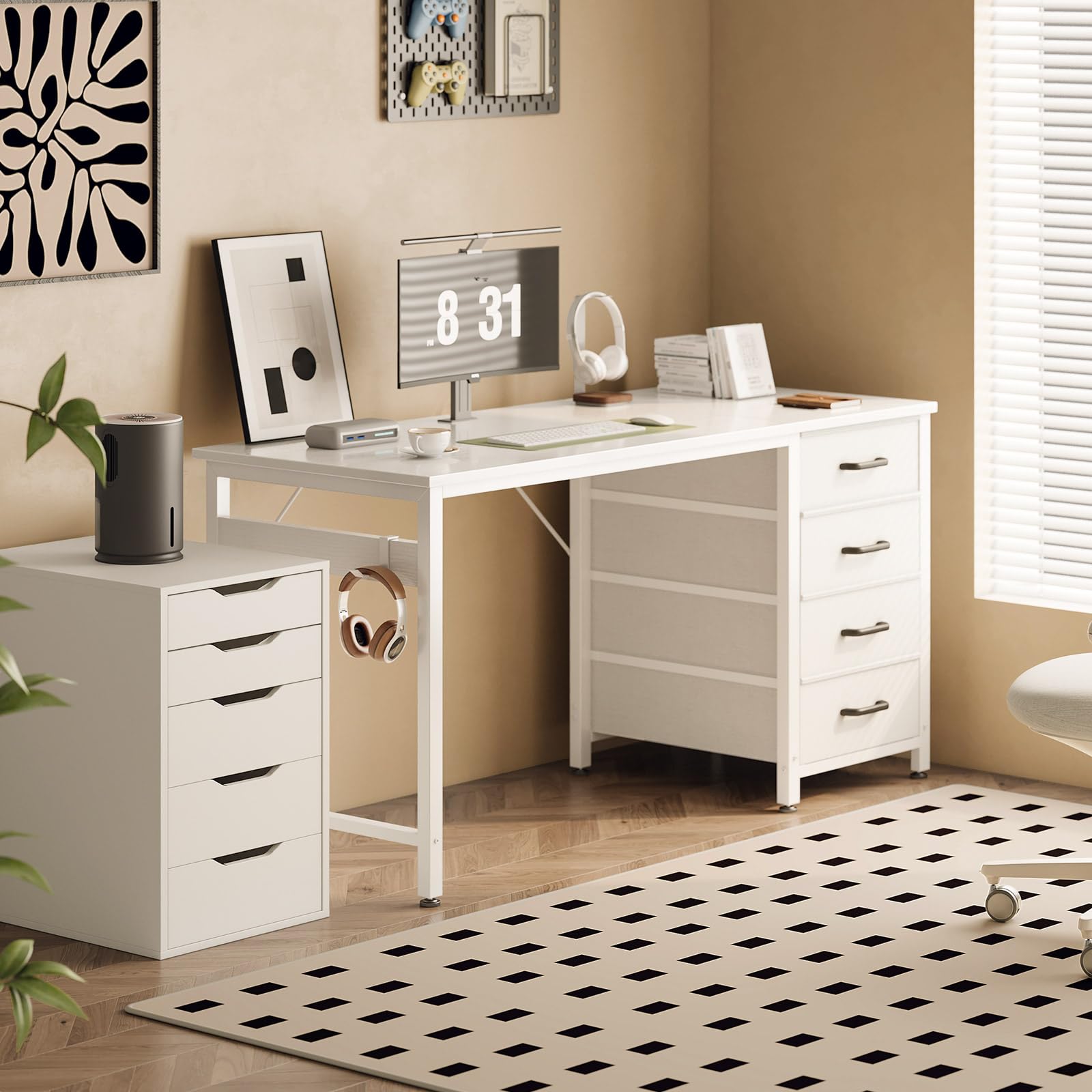 ODK Scrivania con 4 Cassetti in Tessuto, 120x48cm Tavolo per Computer con Gancio per Cuffie, Scrivania Ufficio Reversibile per Uffici e Postazioni di Lavoro, Bianco