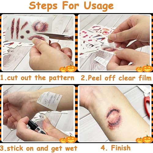 Miniatura 2 de 30 hojas de calcomanías de tatuaje de Halloween, tatuajes de cicatrices impermeables, tatuajes temporales falsos realistas, calcomanías para heridas