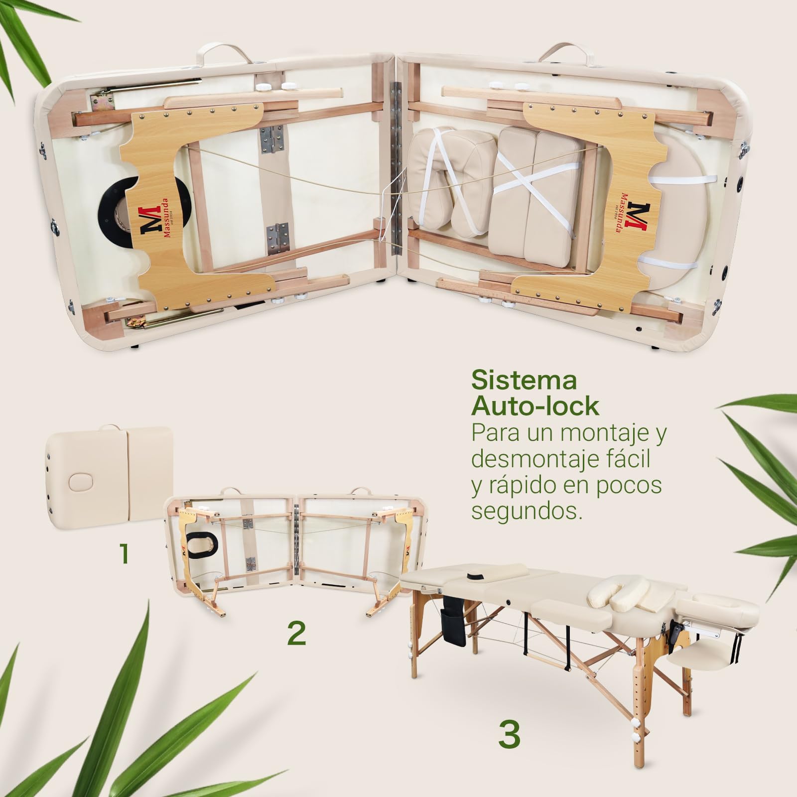 MASSUNDA All - Tumbona de Masaje Plegable y de Altura Regulable de Madera Maciza, Mesa de cosméticos móvil con Funda de Rizo, reposabrazos y Respaldo, cojín Cervical, reposacabezas ergonómico
