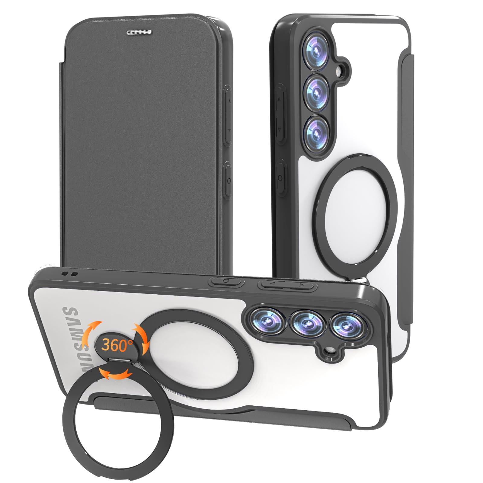 【クリア仕様の手帳型・360°回転スタンド】smhokesu Galaxy S24 用 ケース カード収納 MagSafe対応 リング付き 縦横両対応 クリア仕様を引き継いだ手帳型 レザー素材 軽い 薄型 耐衝撃 ギャラクシーS24 スマホケース 全面保護 galaxys24 携帯カバー マグセーフ対応 おしゃれ ブラック