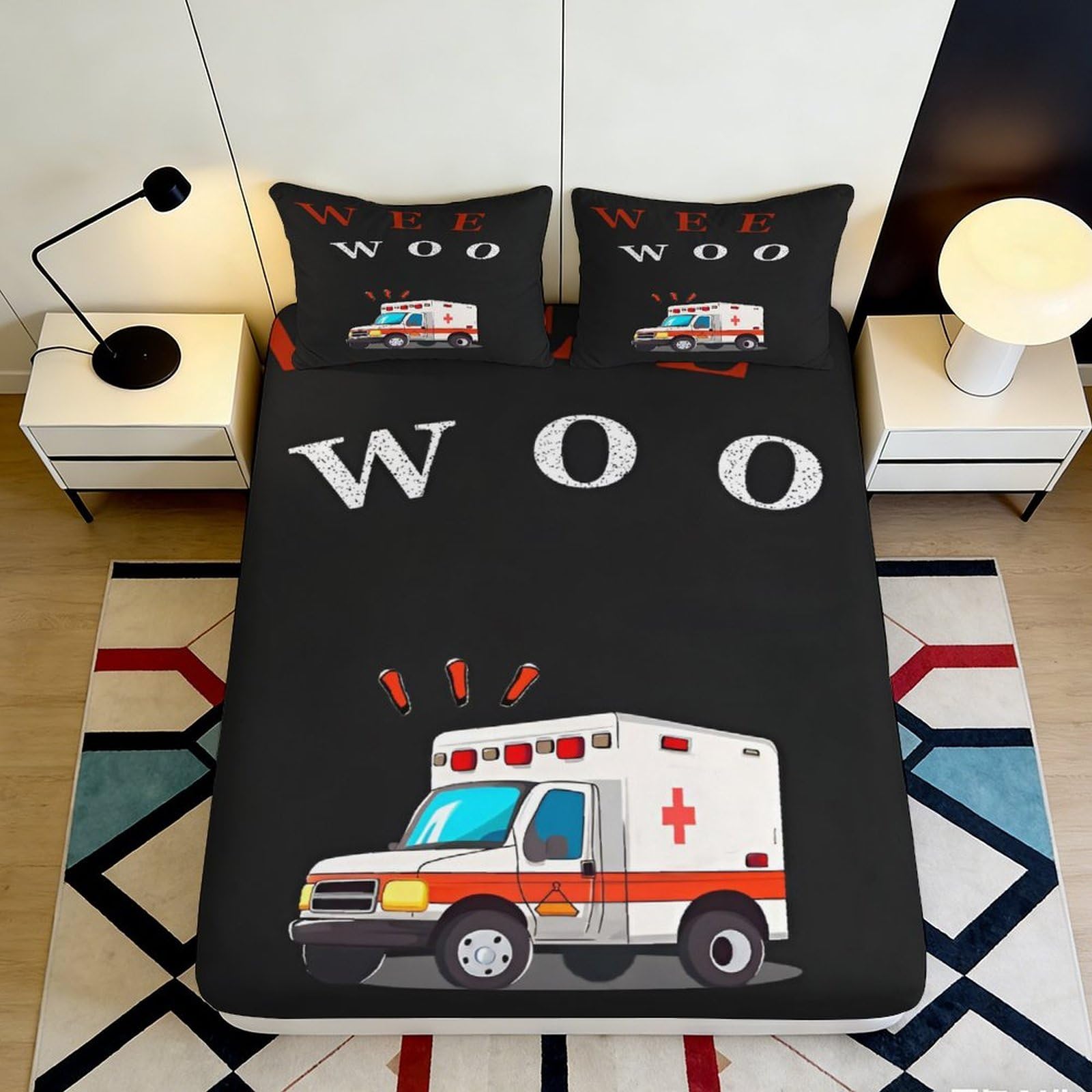 3D Printed Ambulance Cartoon Fitted Sheet Microfiber Anti-Slip Bed Cover for Bedroom Guest Room Dustproof Decor 90x200x25cm
