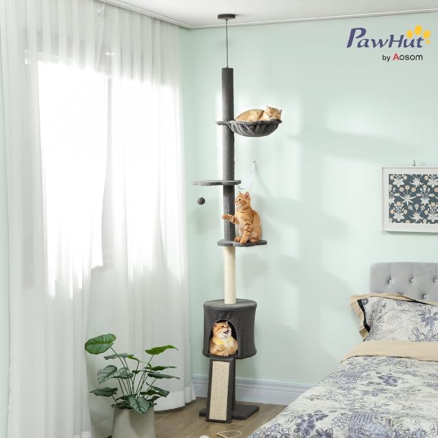 Foto 2 de 8 de PawHut Árbol Gatos Suelo-Techo Altura Ajustable 87"-94.5" Gris Oscuro