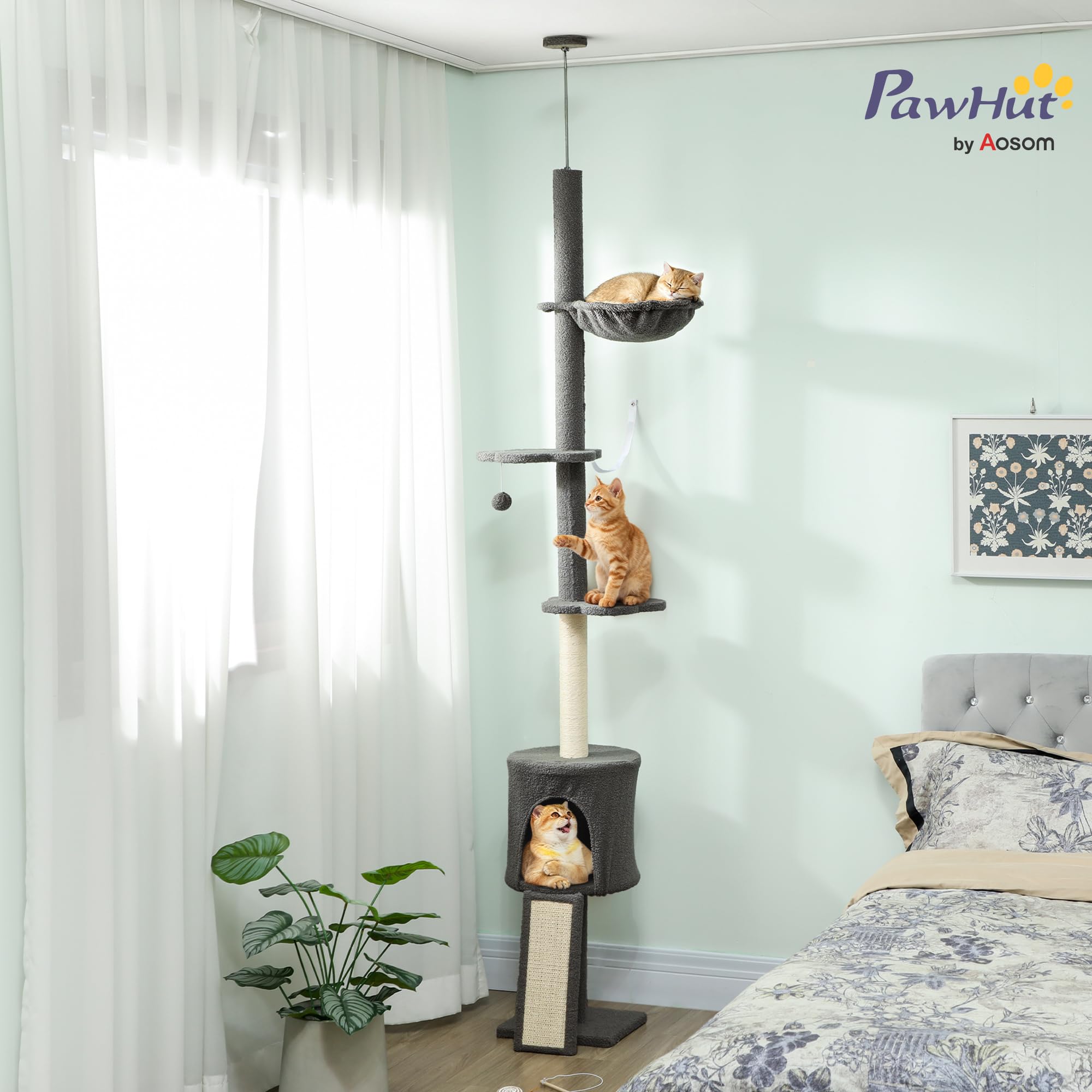 PawHut Albero per Gatti a Soffitto 5 in 1 Alto 220-240 cm, Torre per Gatti con Amaca, Casetta, Piattaforme a Fiore e Pali in Sisal, per Gatti fino 5 kg e Gattini, Grigio Scuro