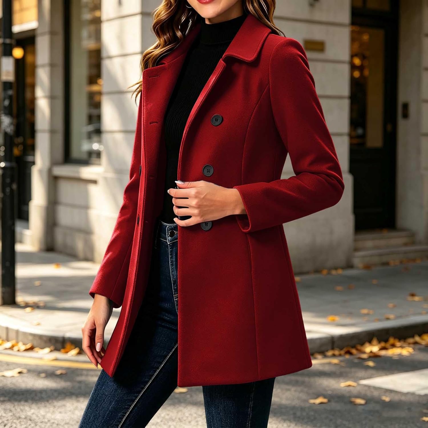Women's Double Breasted Peacoat Notched Lapel Elegant Long Jacket
