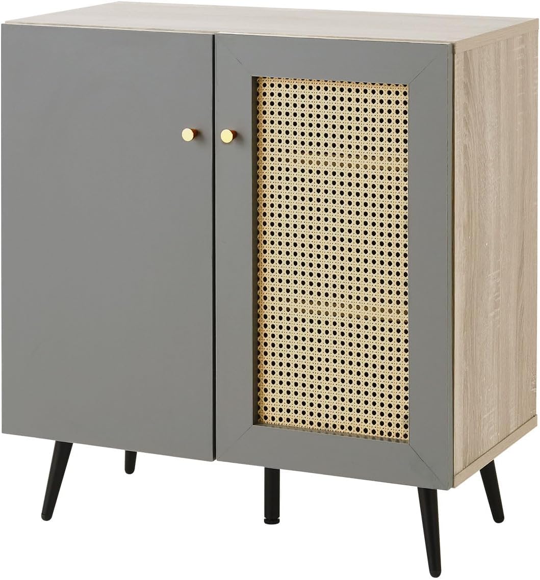 ぼん家具 【完成品】 サイドボード キャビネット おしゃれ 幅75.6cm リビング 収納 棚 扉付き ラタン調 木目調 可動棚 グ