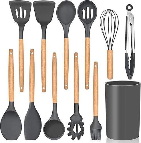 Miniatura 18 de E-far Juego de 6 Utensilios de Cocina, Utensilios de Cocina de Silicona con Mango de Madera, Compatibles con Utensilios de Cocina Antiadherentes y