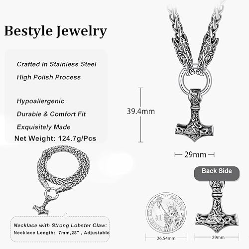 Miniatura 6 de Bestyle Collar vintage de martillo de Thor para hombres y niños, colgante de martillo de acero inoxidable Mjolnir, potente amuleto de runa Noridc