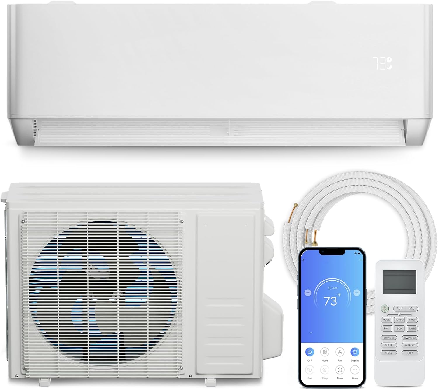 Athena Collection Mini Split AC Heating System components: indoor unit, outdoor unit, remote control, and smartphone app interface.