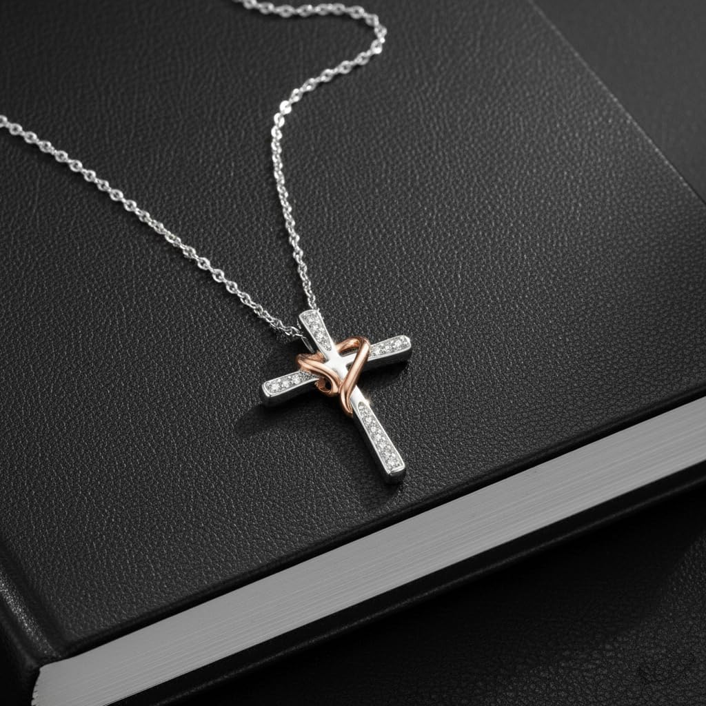 Jewelili Cross Heart Necklace Pendant in Yellow Gold or Rose Gold over Sterling Silver with 1/10 CTTW Natural White Round Diamonds and 18 inch Rope Chain