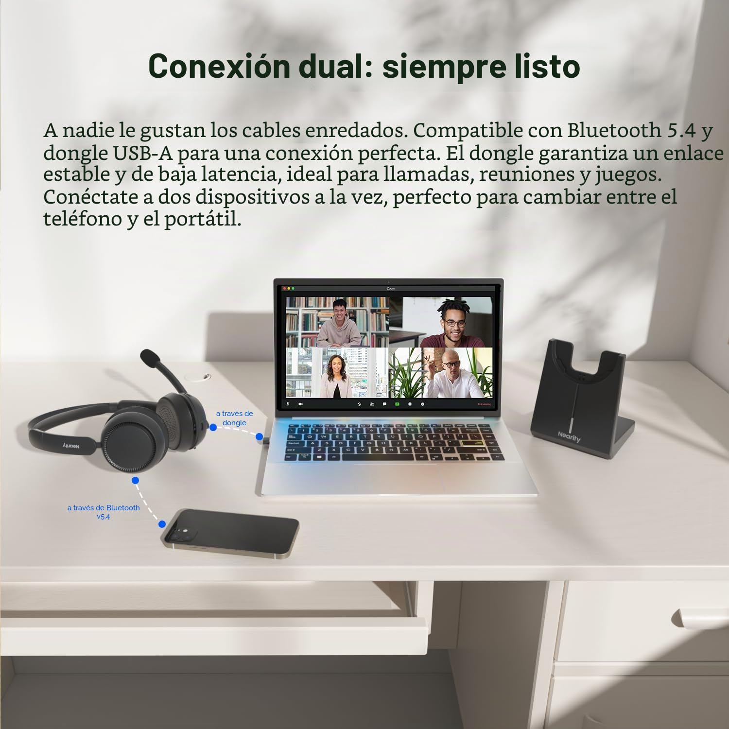 NEARITY EP320 Auriculares Inalámbricos con Micrófono para Trabajo, Bluetooth con Cancelación de Ruido, Tipo A Dongle para PC, Base de Carga & Cancelación de Ruido para Oficina/Hogar/Call Center