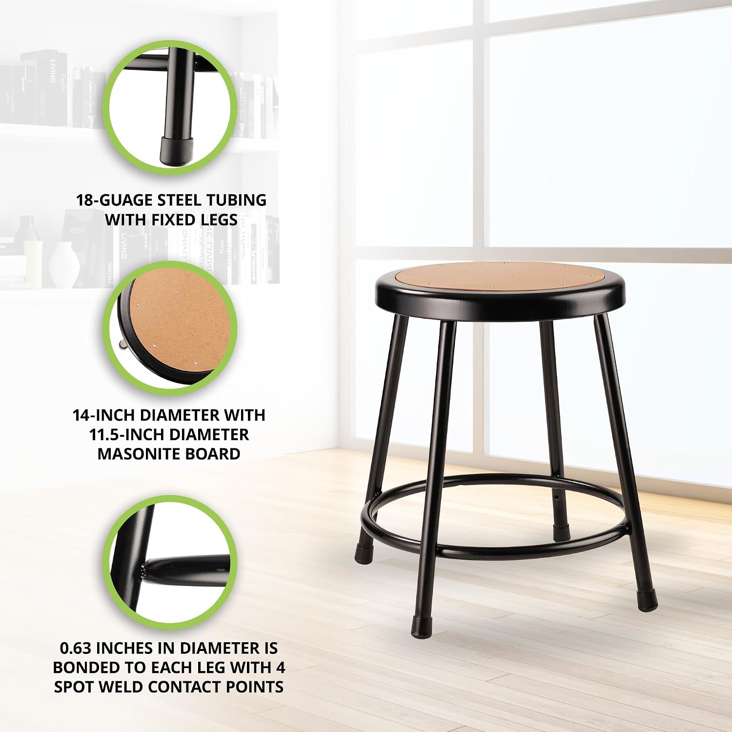 Pemberly Row 18" Heavy Duty Metal and Wood Stool, Black Finish, 14" Round Masonite Seat, Welded Steel Frame with Footrest Rings, Modern Design for Art Rooms, Science Labs, Classrooms or Home Use