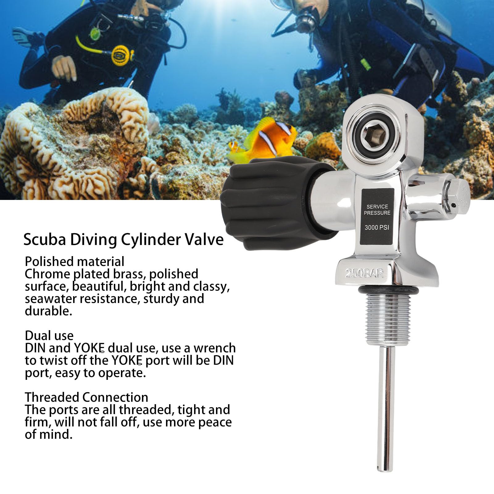 Diving Cylinder Valve, Dual Use 250 Bar Chrome Plated Brass Diving Cylinder Valve for Different Scenarios and Needs