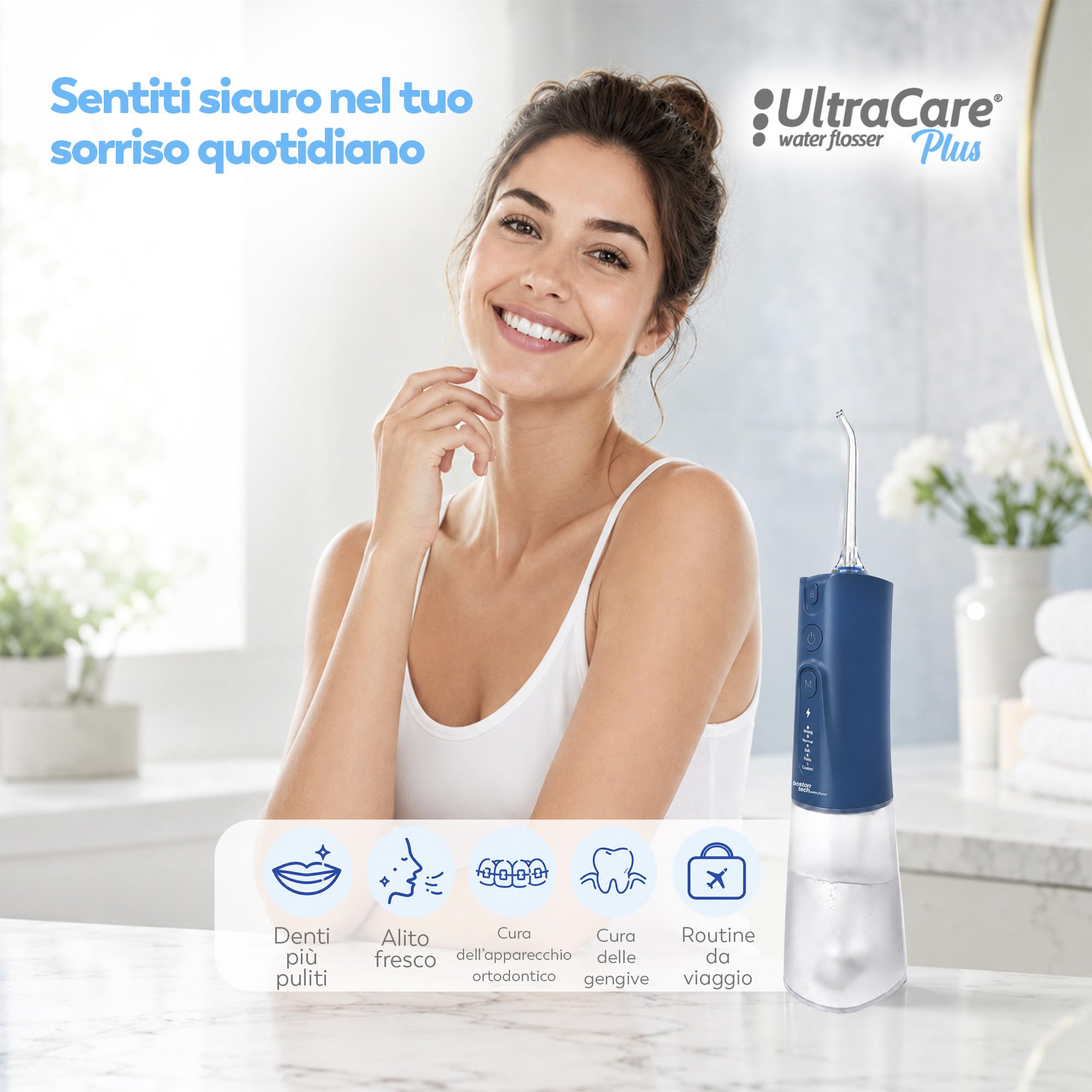 Aquapik® UltraCare Plus Idropulsore Dentale/Irrigatore Orale senza fili e ricaricabile IPX8 impermeabile per casa e viaggio, rimuove la placca e protegge gengive, 5 modalità, 8 beccucci, 300 ml (Blu)