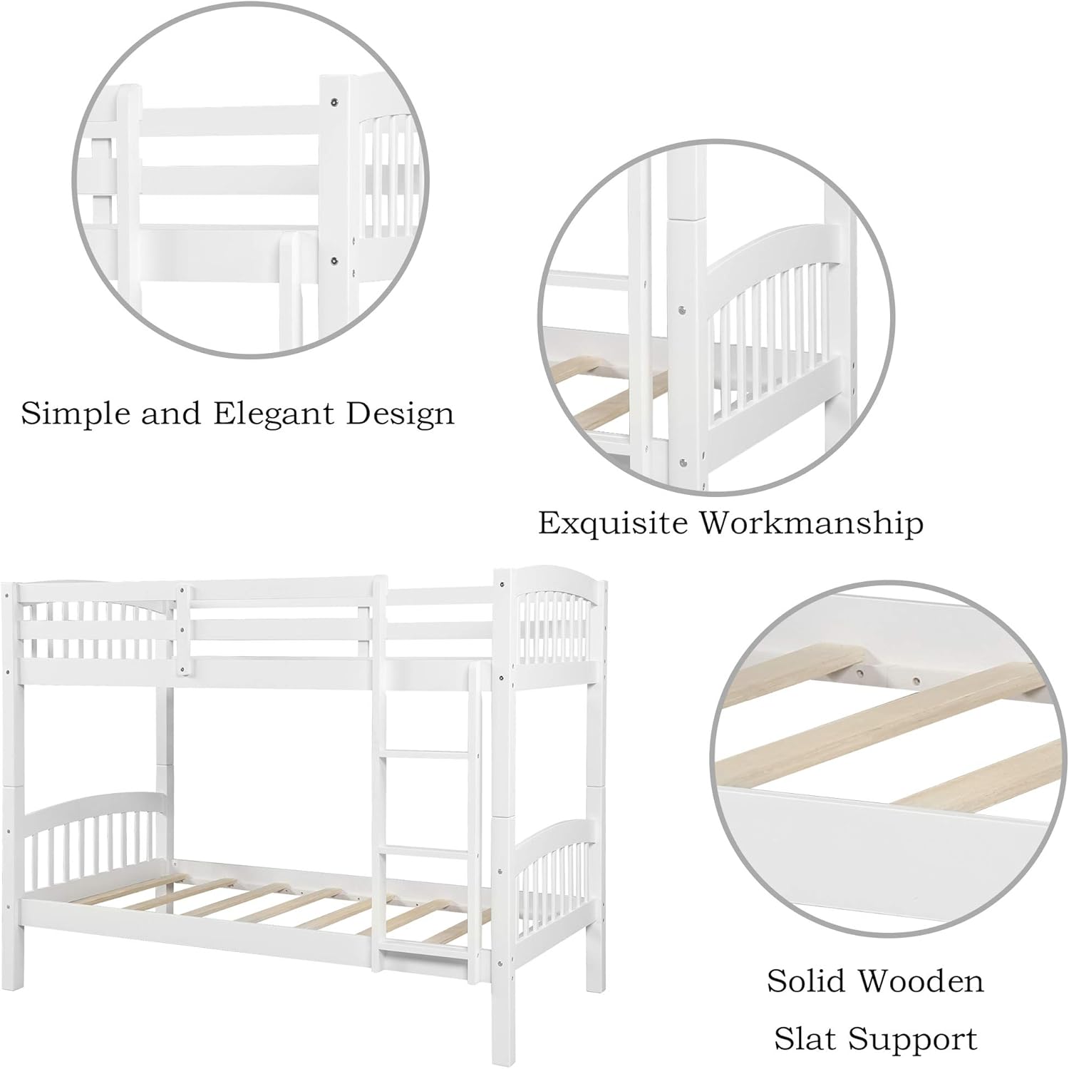 P PURLOVE Twin Over Twin Bunk Bed with Ladder, Wood Bunk Bed Frame with Wooden Slat Support, No Box Spring Needed (White)