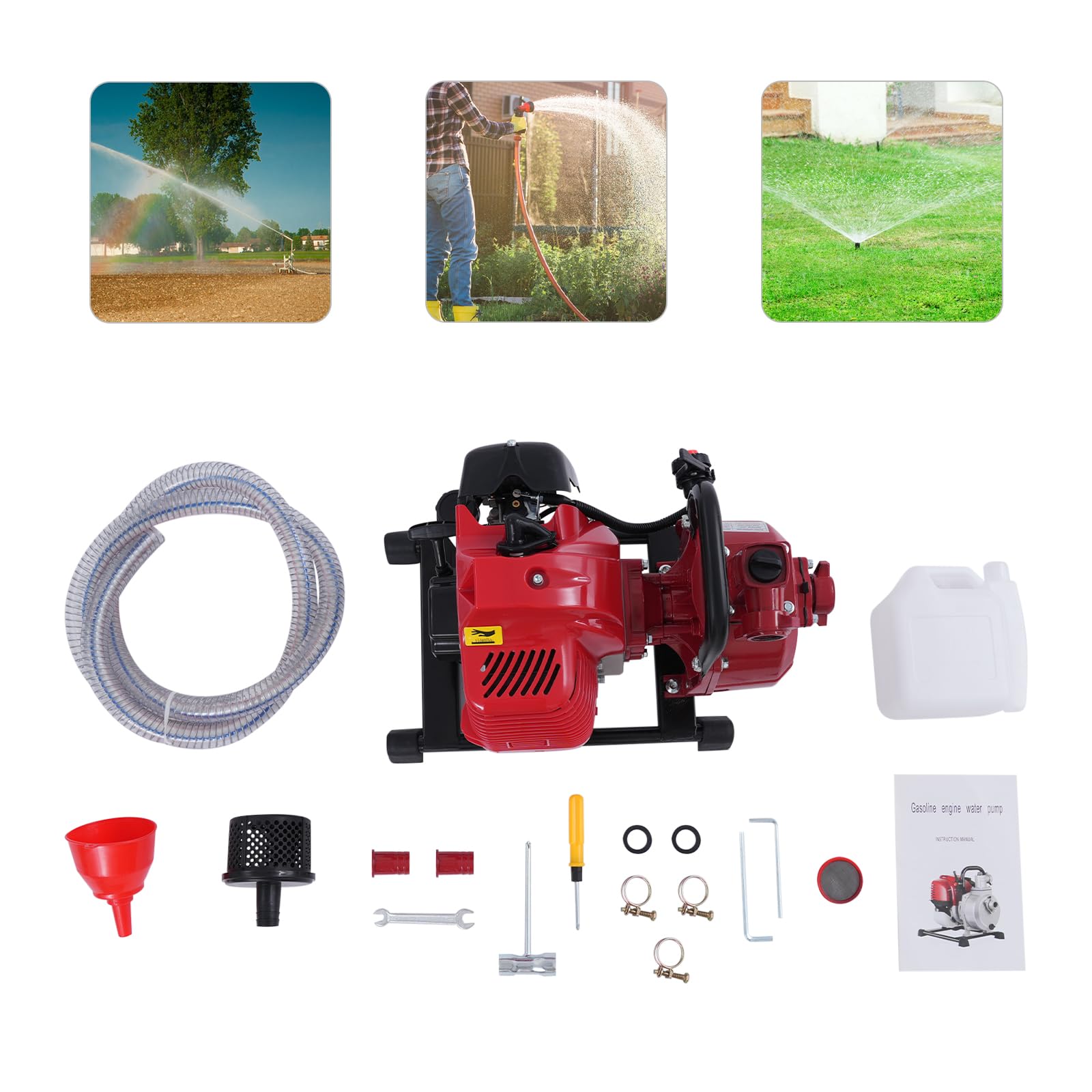 Pompa dell'acqua a benzina, a 2 tempi, 1,25 kW, 1,7 HP 43 CC, pompa portatile per acqua a benzina, raffreddata ad aria, pompa per acqua sporca (2 tempi, 1,25 kW, 1,7 HP 43 CC)