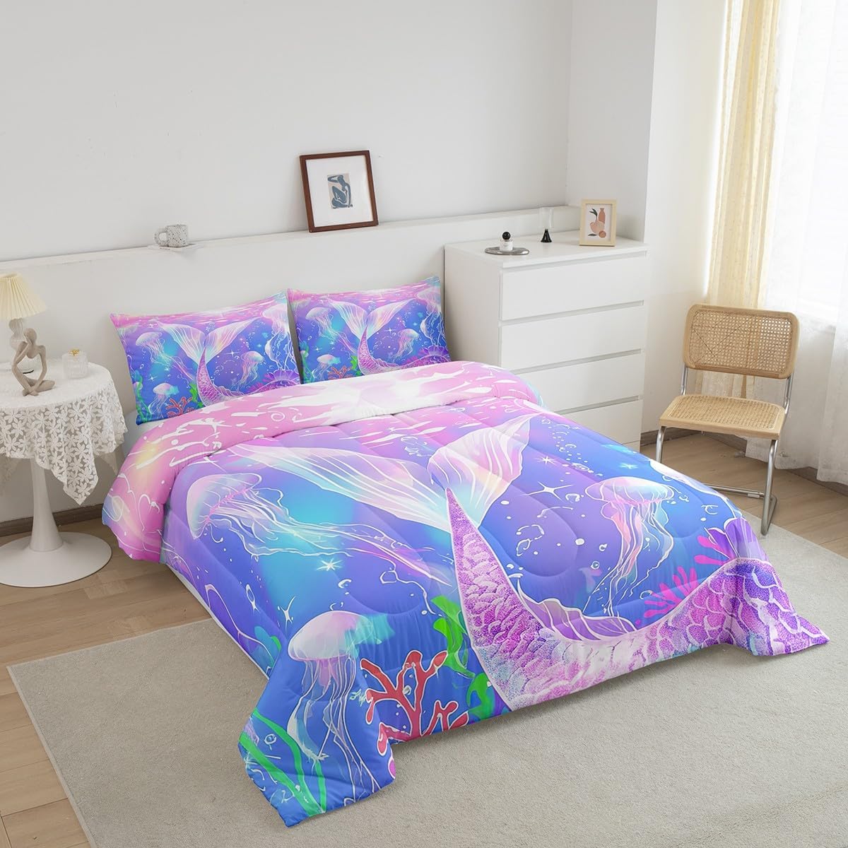 Feelyou Mermaid Comforter Ocean Sea Marine Underwater Bedding Set Purple Mermaid Scales Comforter Set for Boys Girls Teens Decor Foam Duvet Set Twin Size Boys