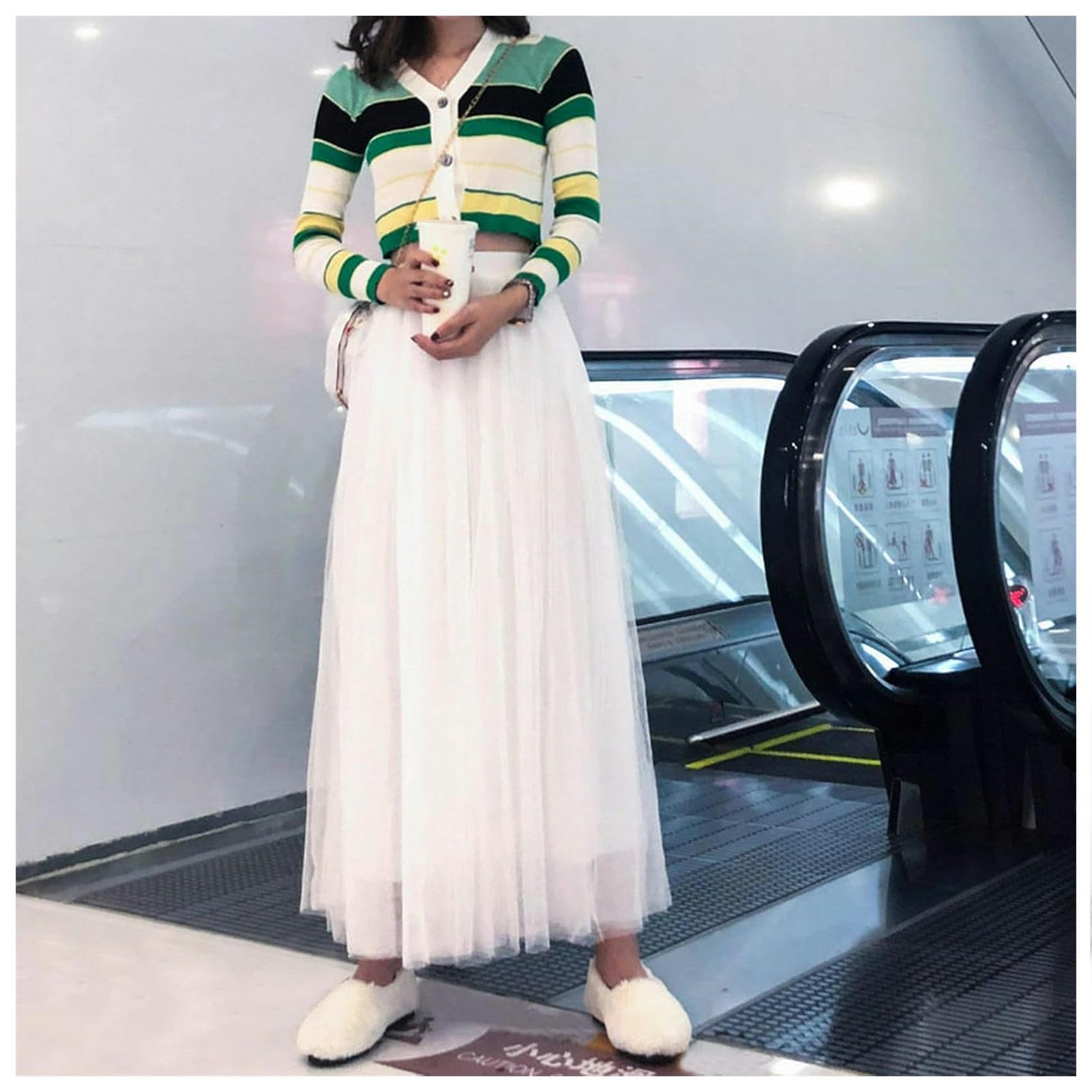 Rock Damen Elastische Taille 3 Schichten Mesh Long Tüllrock Brautjungfer Kleider Spring Herbst Elegant Vintage High Taille Ballkleid-Length 98cm-White