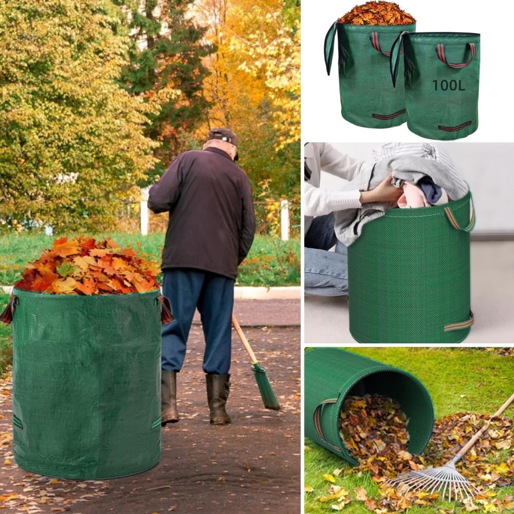 2 sacco foglie con coperchio,100 L sacchi giardinaggio, Ispessito sacco per erba, sacchi riutilizzabili giardino, Impermeabili sacco potatura, contenitore rifiuti giardino pieghevole con 4 manici