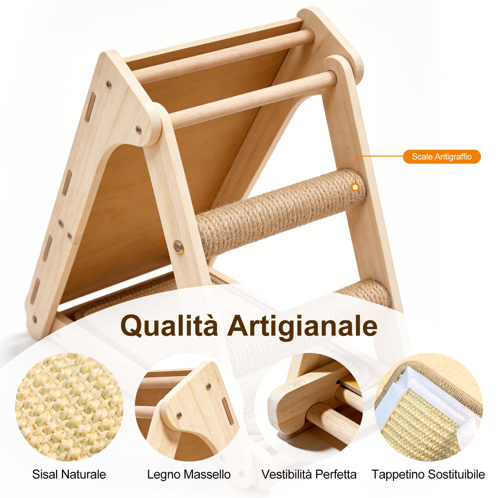 DONWEI Tiragraffi Gatti Triangolare Sisal 50X28X50Cm Faggio Salvaspazio | Pannello Pieghevole Con Tappetino Sostituibile, Protegge Divani E Adatto A Tutte Le Razze Di Gatti