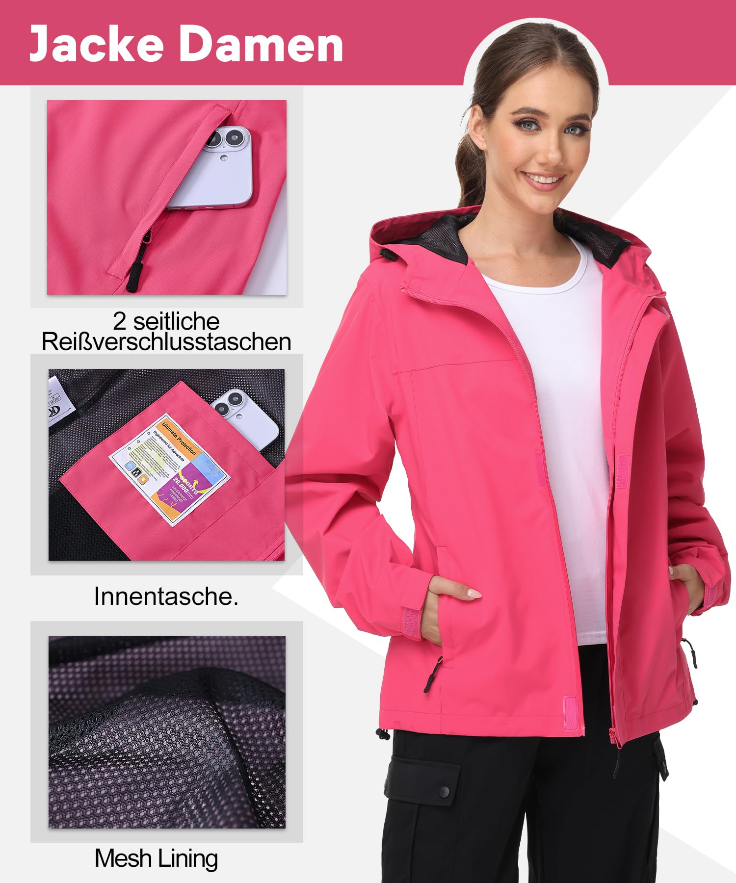Huayuzh Chaqueta softshell para mujer, impermeable, transpirable, chaqueta de entretiempo, cortavientos, chaqueta de lluvia, chaqueta de senderismo, correr, senderismo