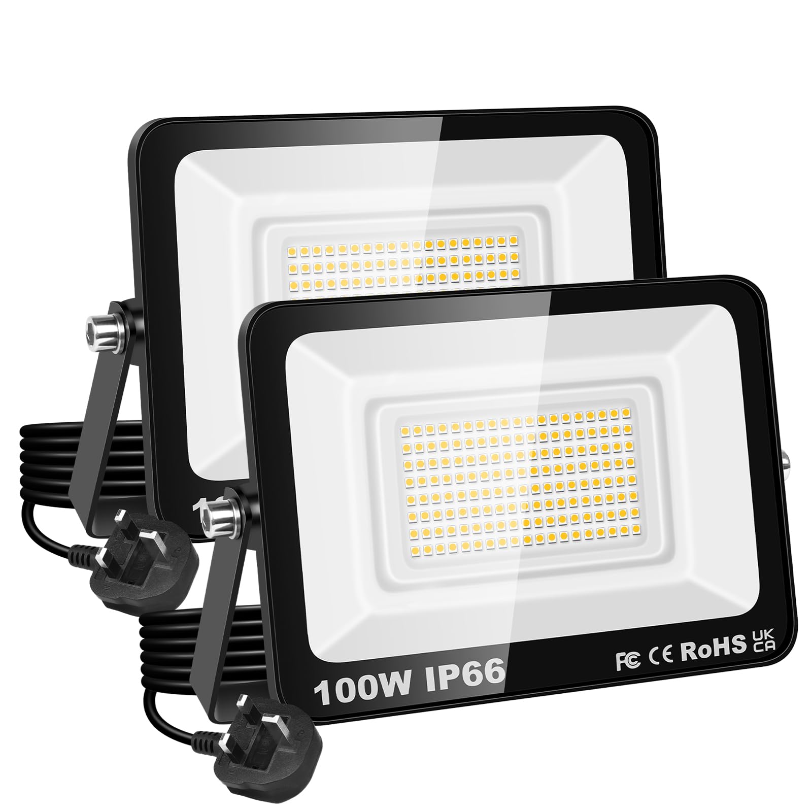 RIGIDON Led Outdoor Floodlight, 2X 100W 10000LM Flood Lights with Plug, Mains Powered Security Lighting, Outside for Garage Garden Yard Patio, Waterproof Workshop Job Site Work Lamp, 3000K Warm White