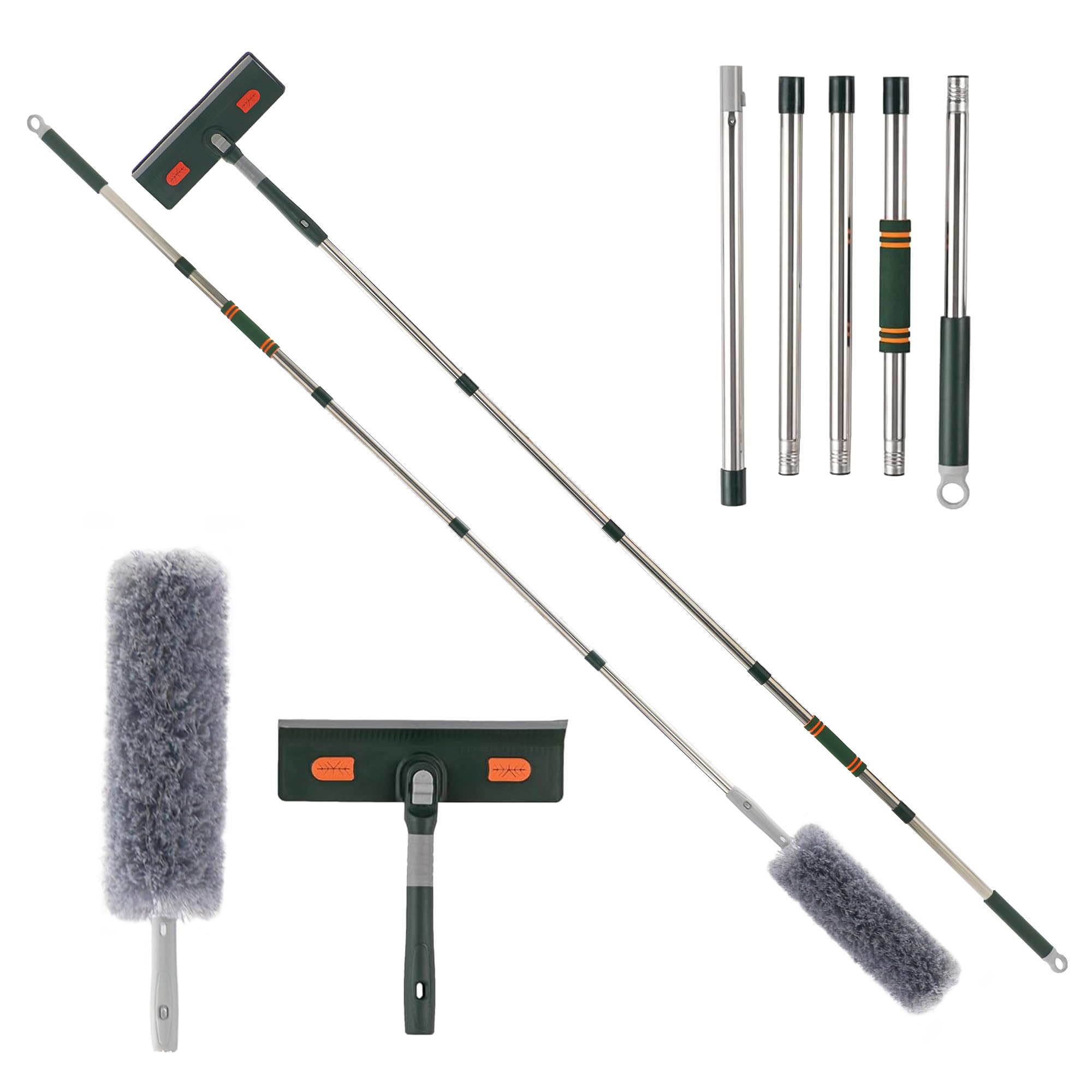 Limpiacristales 2 en 1 Kit de herramientas de limpieza de ventanas con poste telescópico, equipo de lavado de ventanas con cabezal flexible para ventanas interiores y exteriores y cristales de coche