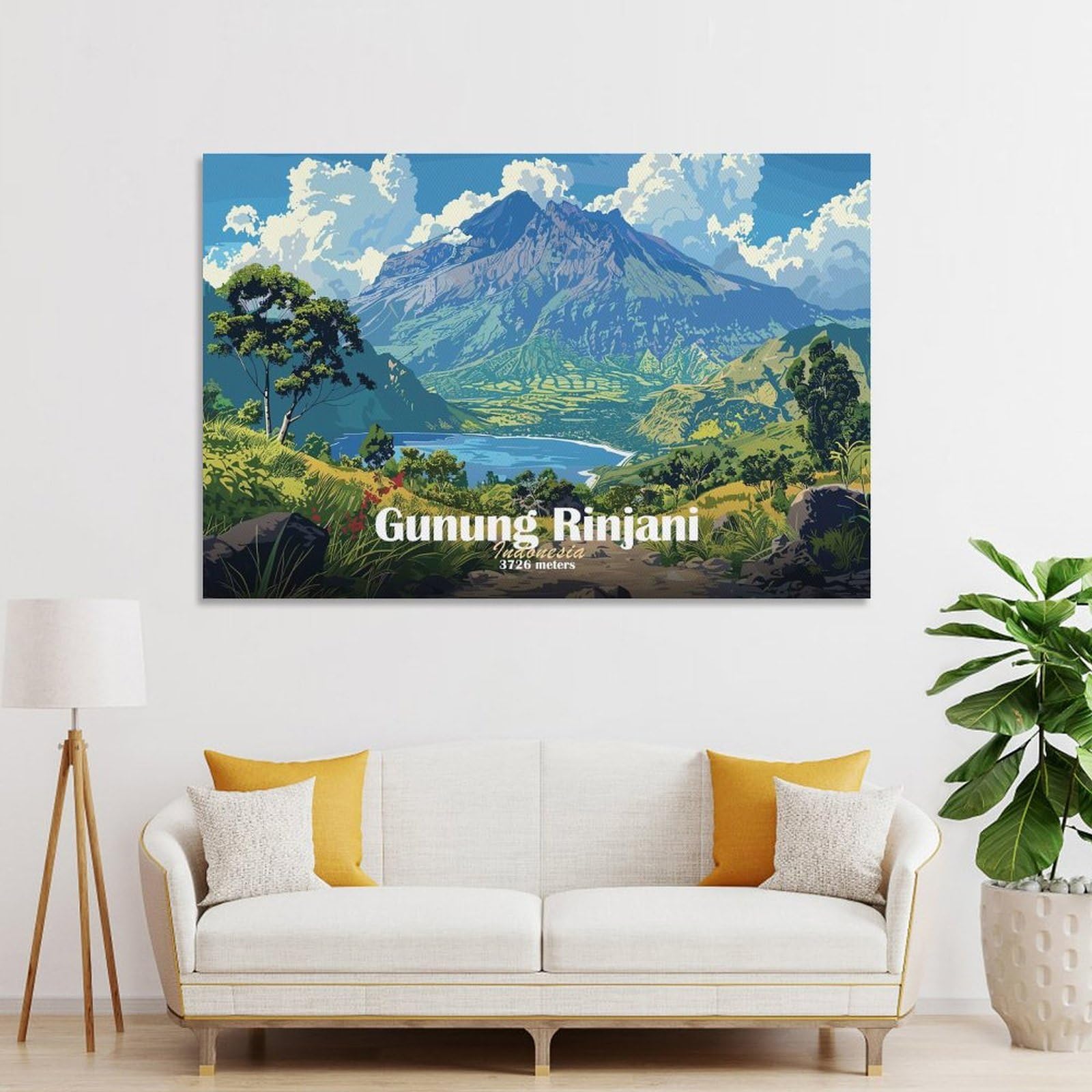 Junmoney Gunung Rinjani Mountain Hanging Wall Art, 24x36inch(60x90cm), for Lounge, Bedroom Or Personal Spaces, Gift Idea for Housewarming And Birthdays