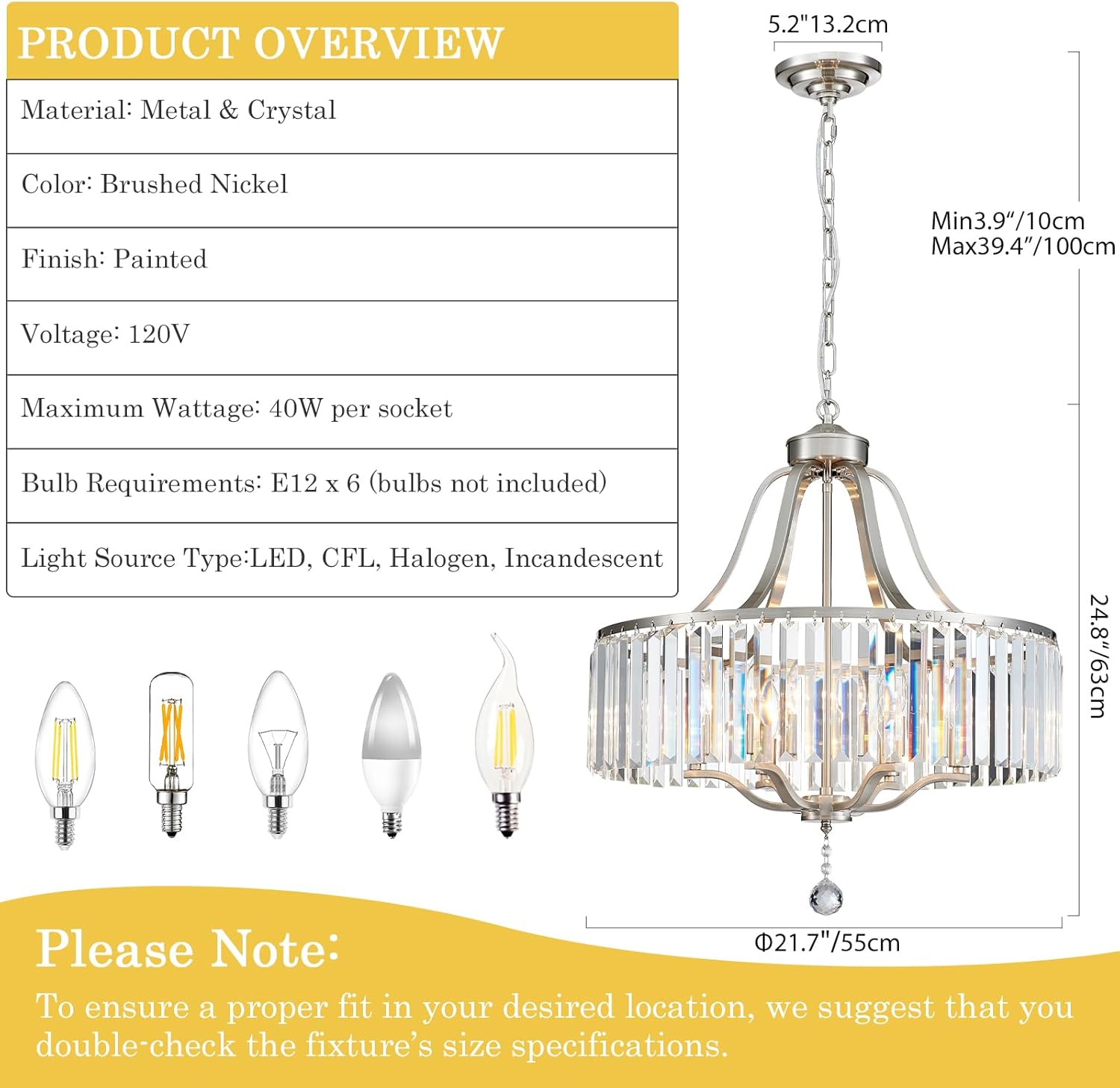 Brushed Nickel Chandeliers for Dining Room 21.7 Inch Crystal Light Fixture 6-Light Modern Farmhouse Round Large Chandeliers for Kitchen Hallway Bedroom Foyer Adjustable Height Hanging Lamp