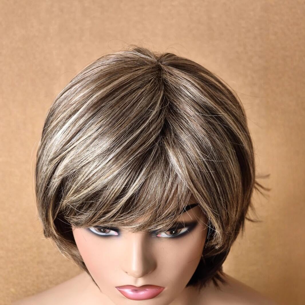 Pelucas sintéticas cortas y rizadas de corte pixie con gorro de peluca para mujer (Castaño Rubio Mixto)