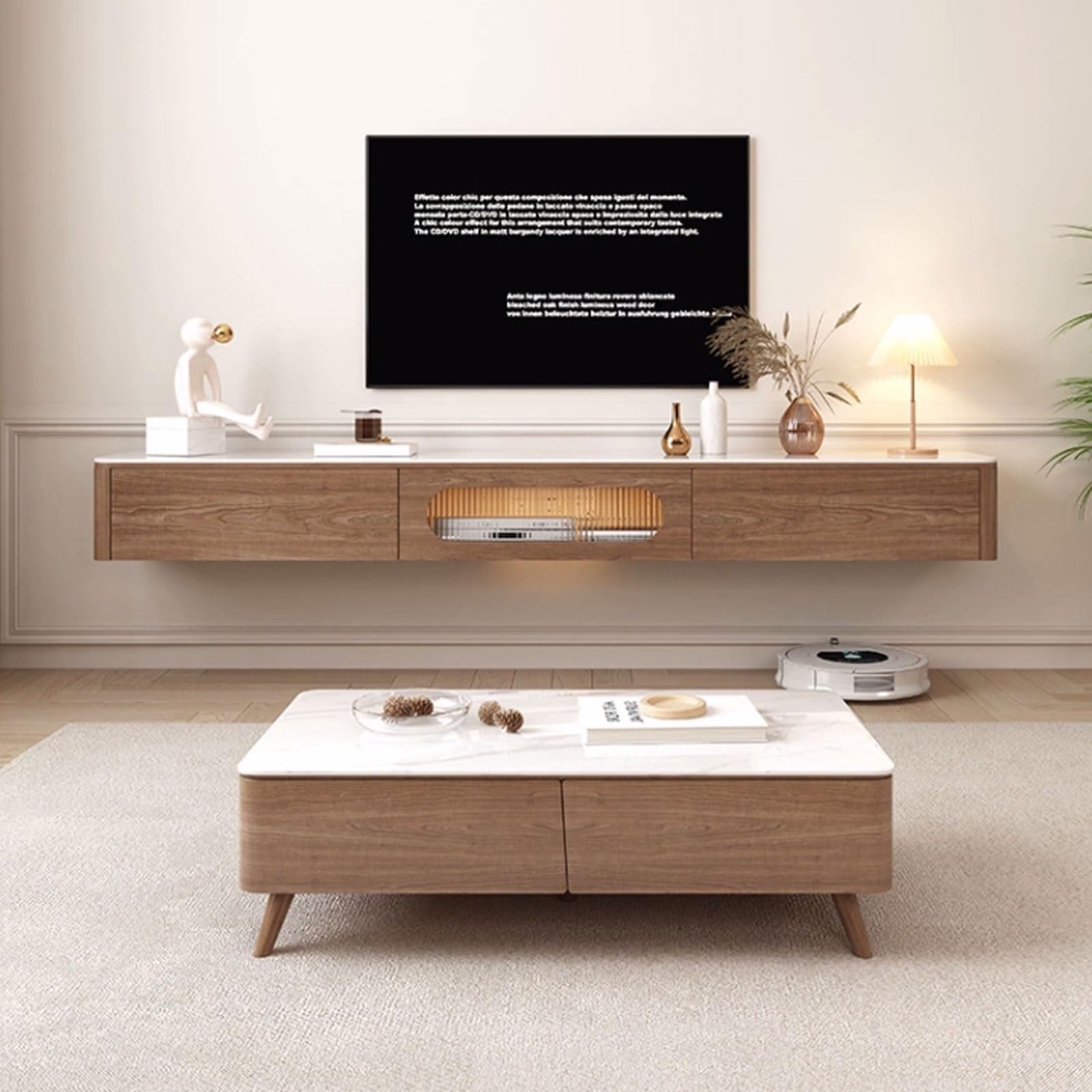 Consola de televisión Mueble de TV Flotante Moderno, Mueble Madera montado en la Pared con 2 cajones y Tablero Pizarra, Soportes flotantes for televisores Centro Entretenimiento LED(Medio)