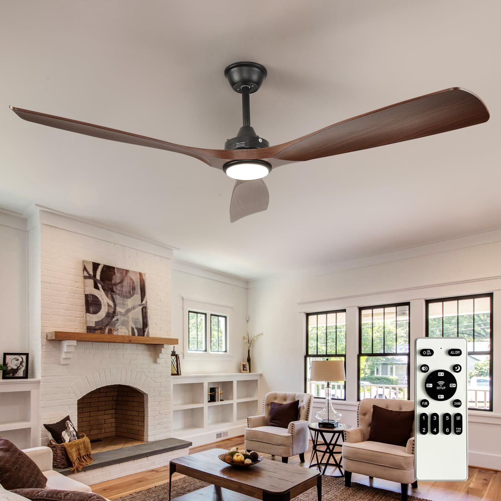 Depuley 60-Inch Ceiling Fan with Light: Walnut 3 Blade Outdoor Fans for Patios - Dimmable Indoor Fan with Remote Control Living Room Fandelier Ceiling Fans Ultra Quiet DC Motor Reversible 6 Speed