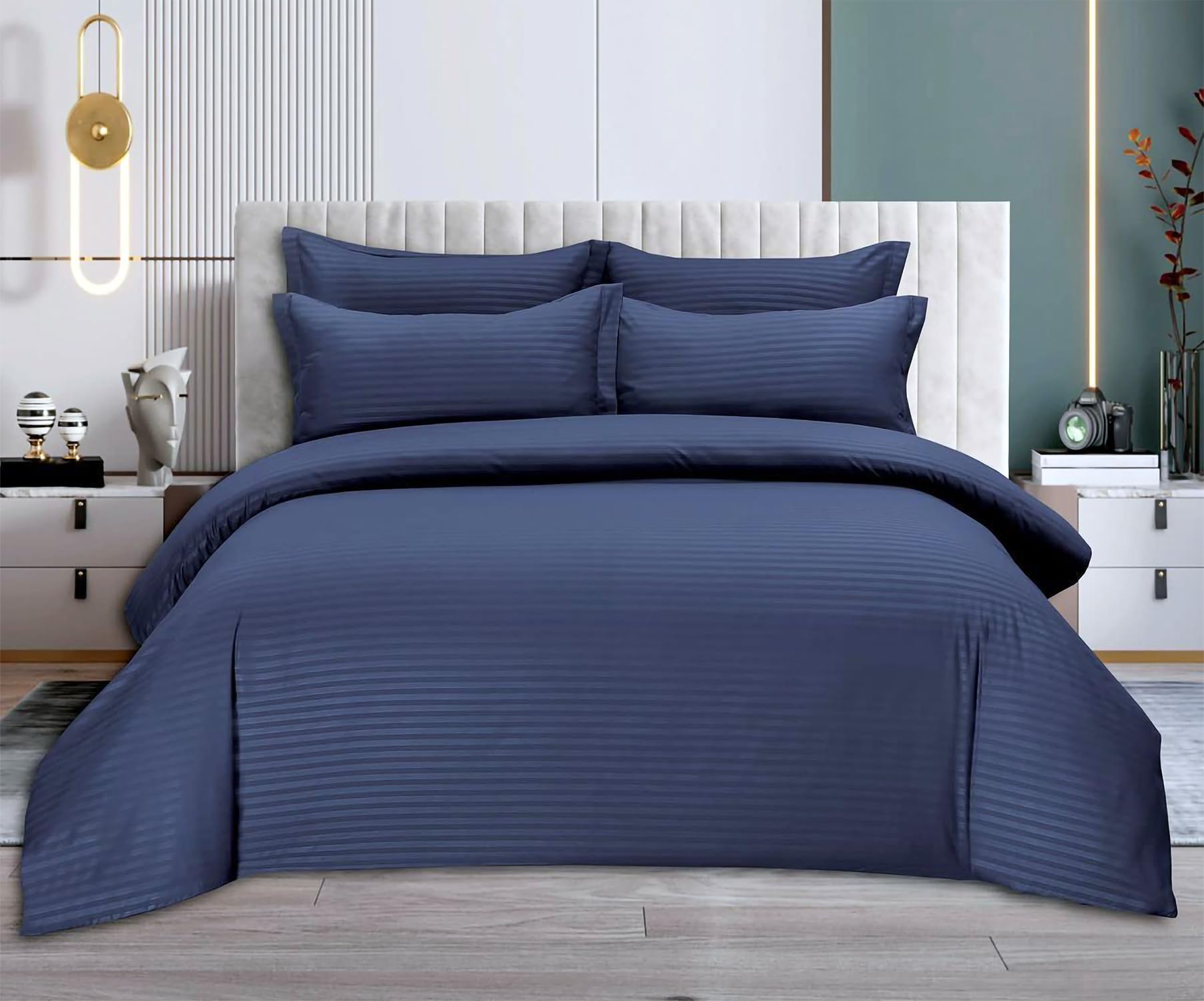 ZORCO STYLE and Luxurious 6 Pieces Cotton King Size Bedding Set, Duvet Cover Set, Modern and Attractive Design with Fitted Sheet, Quilt Cover, 4 Pillow Cases (Blue Stripe)