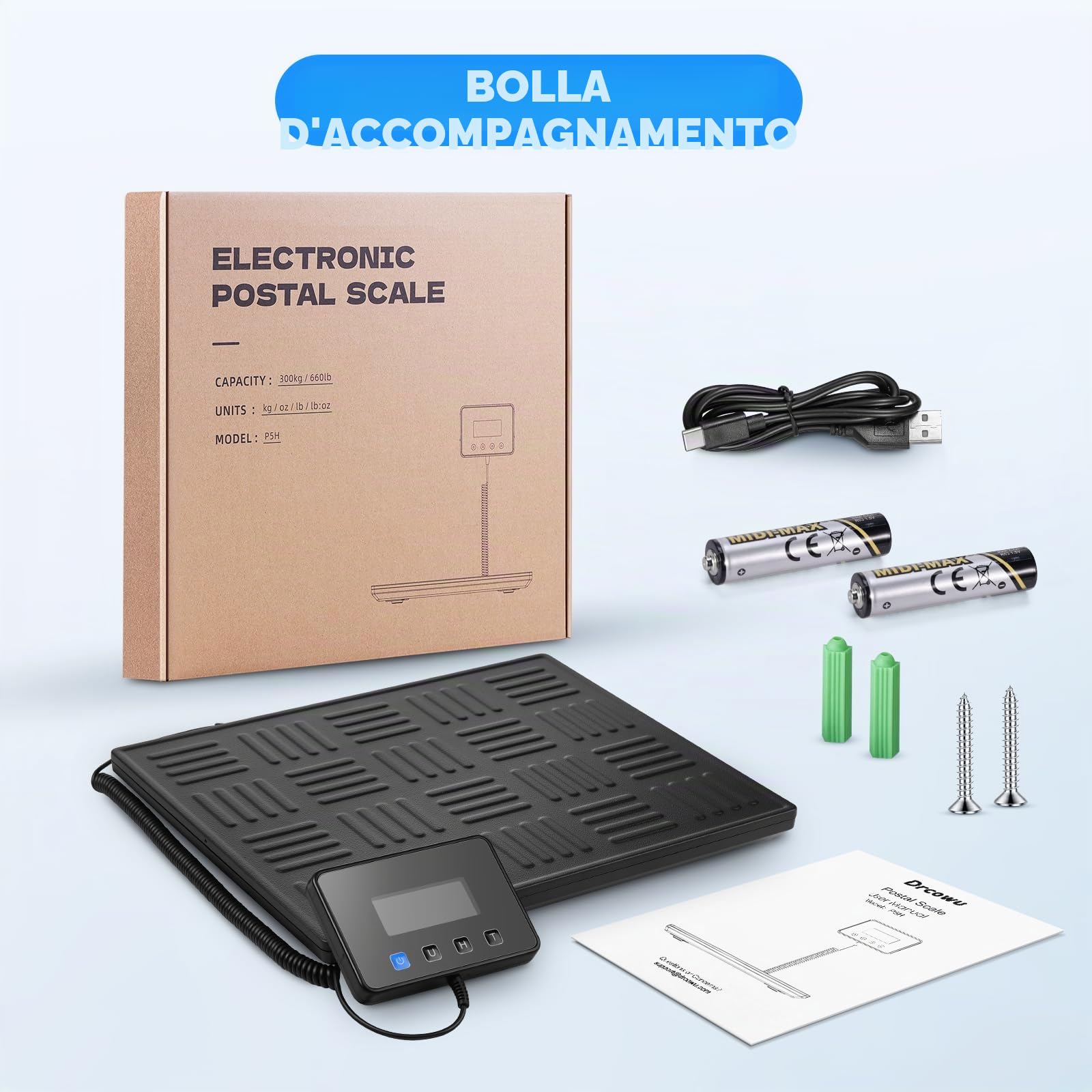 Bilancia Pesa Pacchi 300kg Digitale, Bilancia Postale con Funzione Hold/Tare, Schermo LCD Separato, Piattaforma Grande, Alimentazione a Batteria e USB, Ideale per Piccole Imprese e Pacchi