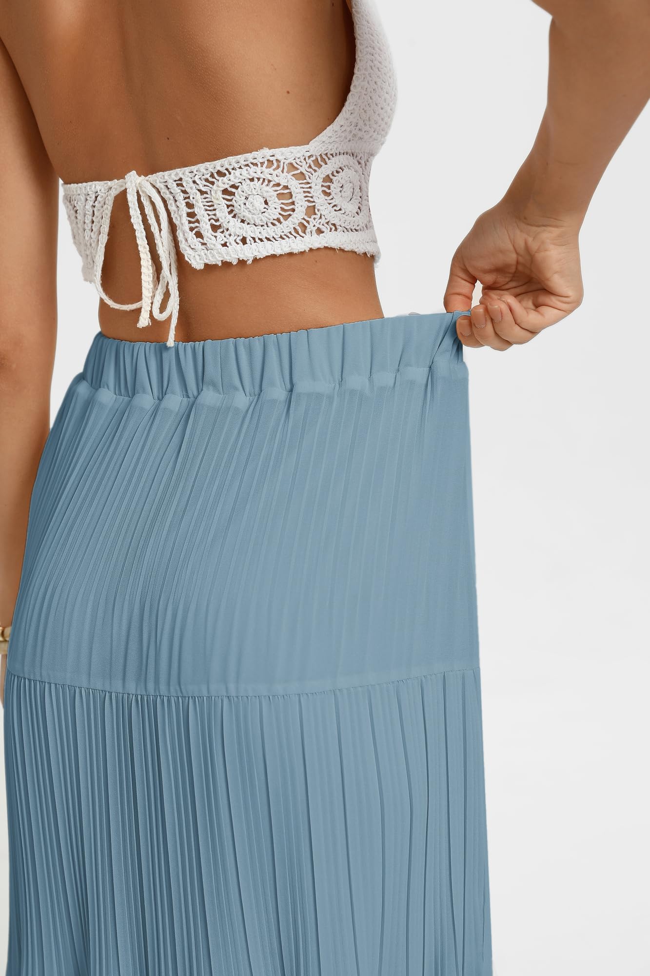 Kate Kasin Donna A-Line Increspature Maxi Gonna Elastico A Vita Alta Gonne Leggero Chiffon Fluente Primavera Estate Sci Vestito