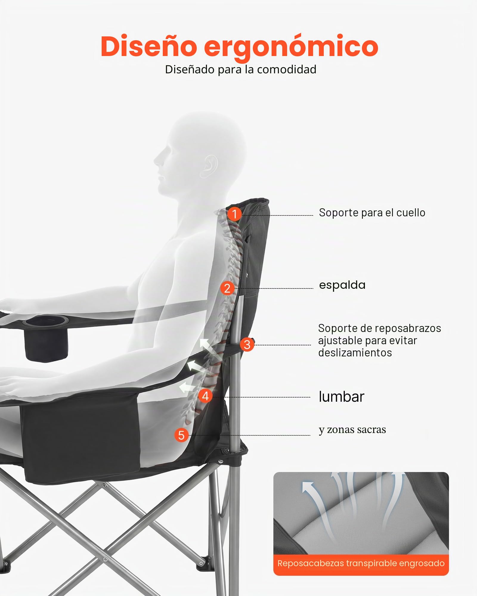 VEVOR Silla de Camping Plegable Grande Capacidad Máxima de 204 kg, Paquete de 2, Silla de Camping Portátil con Respaldo, Reposabrazos Acolchados, Bolsa térmica, Portavasos y Bolsillo para Exteriores