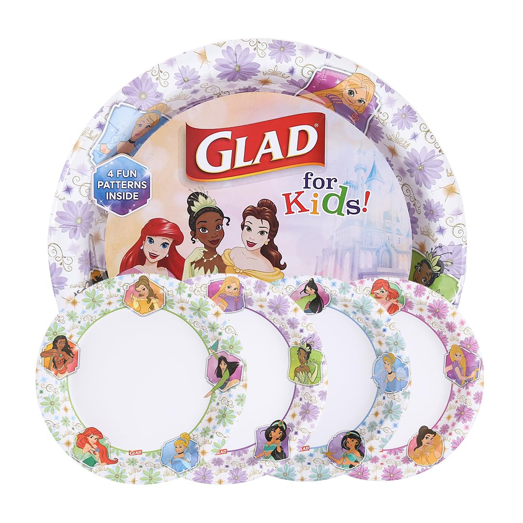 Glad Disney Princess Kids Paper Plates, Heavy Duty Soak Proof and Microwavable, Cut Resistant Disposable Snack Plates for Everyday Meals, School
