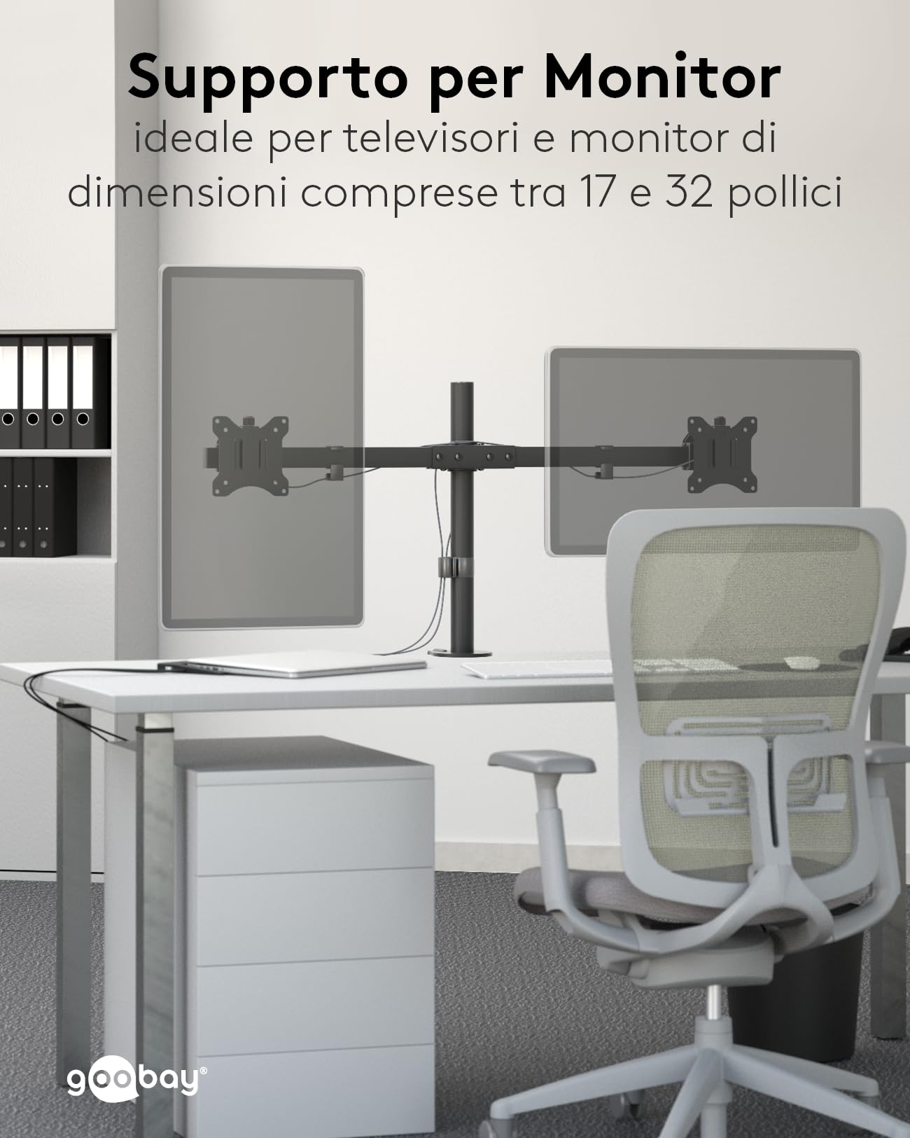 goobay Supporto Doppio Monitor 17-32 Pollici Inclinabile Regolabile in Altezza VESA 100x100 2x Fino a 9 kg con Morsetto Tavolo - Basic - 59394