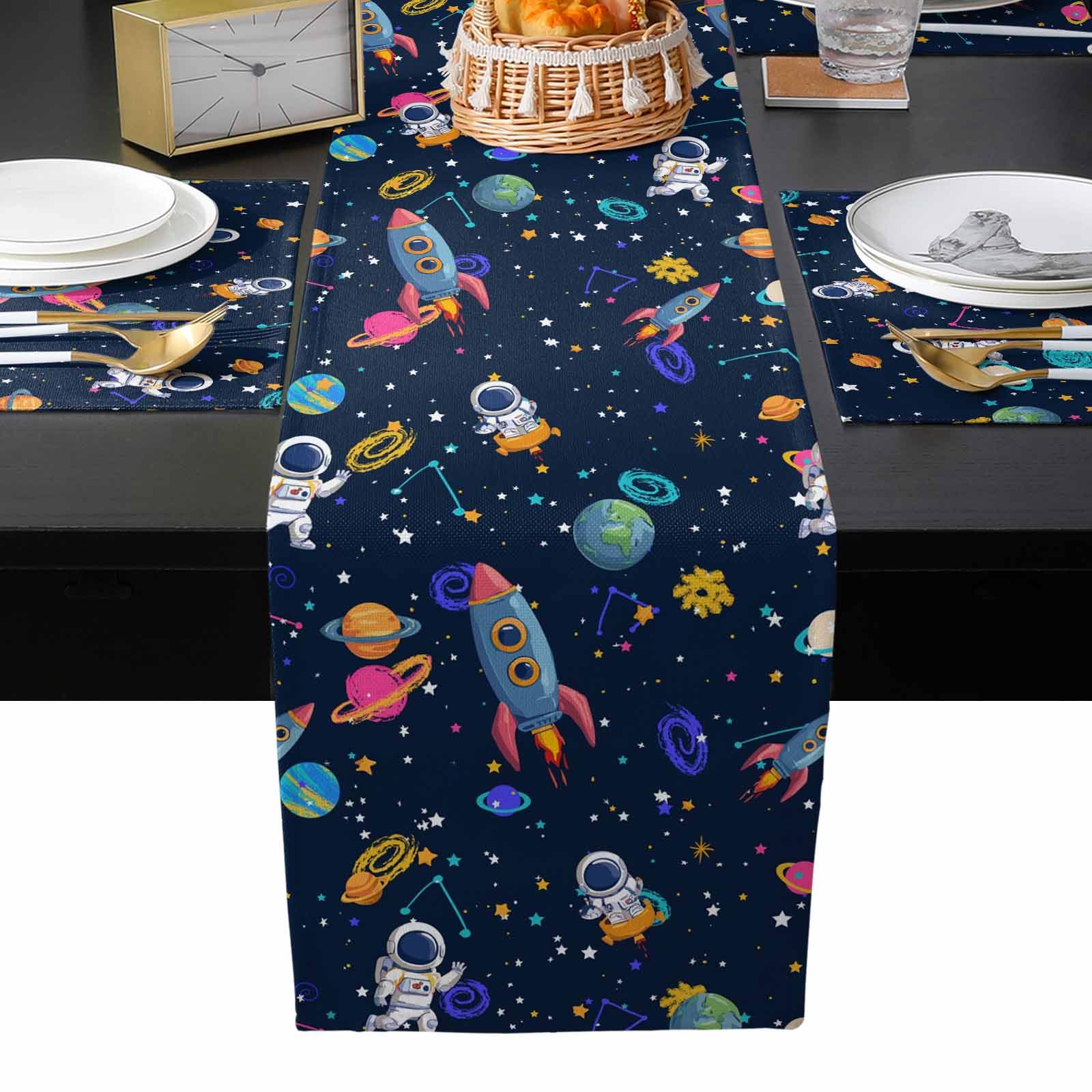 Cartoon Universe Space Table Runner with Placemats Set of 4 Watercolor Earth Planet Cute Astronauts Cotton Linen Table Mats Sets, Placemats with Table Runner for Dining Table, Kitchen, 70” x 13”