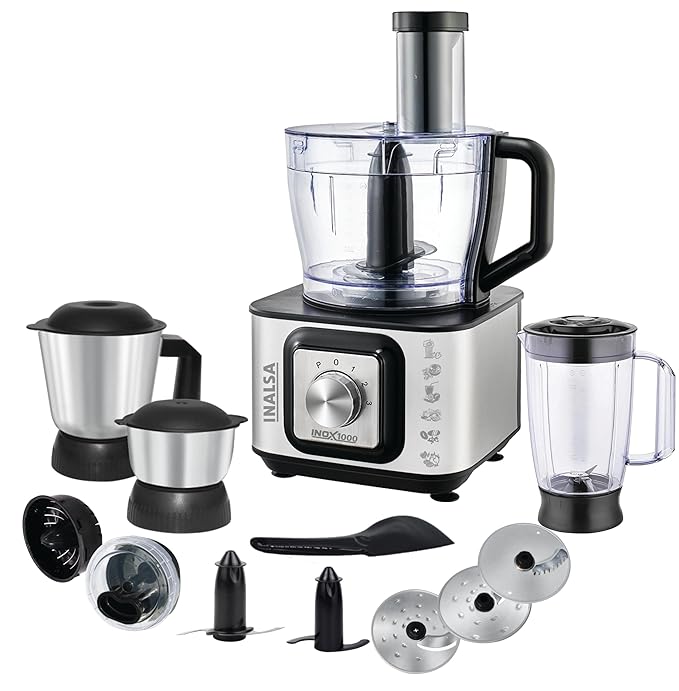 Inalsa INOX 1000 1000W Food Processor with Blender Jar,304 Grade SS Dry Grinding,Chutney Jar,12 Accessories,Centrifugal & Citrus Juicer,(Black/Silver), Standard