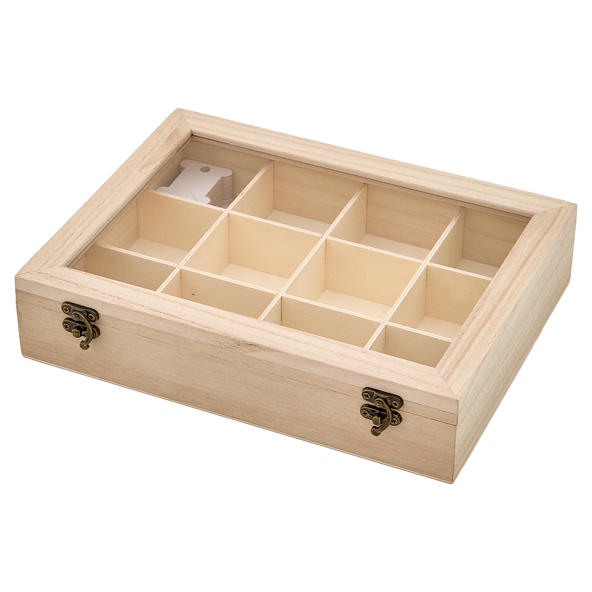 Trimits Wooden Sewing Box 26.5 x 20 x 6cm - Sewing Kit Box Floss Skein and Thread Organiser with 12 Compartments, 50 Bobbins and Clear Acrylic Lid