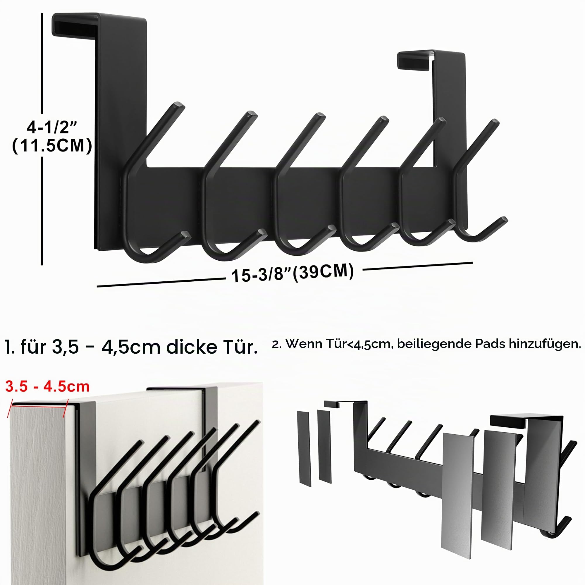 Dseap Türhaken – für Tür bis 4,5cm Dicke, Edelstahl Türgarderobe Türhakenleiste Türaufhänger Kleiderhaken Tür Zum Einhängen Kleidung Hut Handtuch Mantel, Mit 6 Flachen Haken, Schwarz
