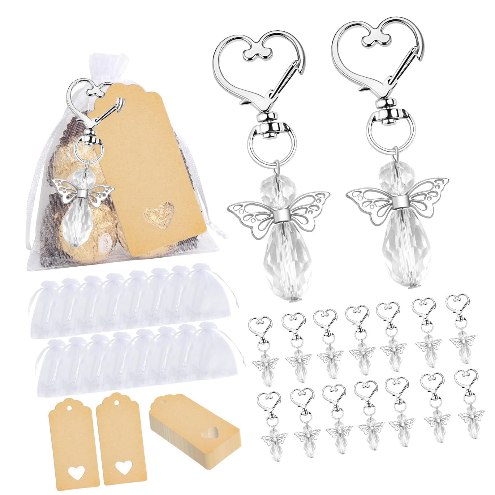 Kalttoy 30Pcs Wing Charm Keychain Decorative Holder with Drawstring Gauze Bag and Labels for Baby Showers Wedding Keychain Charm
