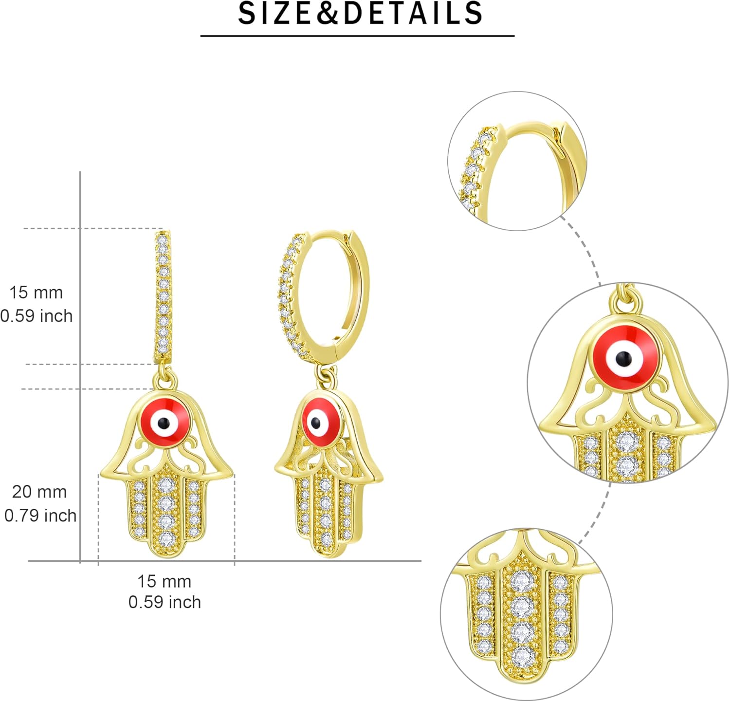 Women’s Hamsa Hand Evil Eye Huggie Hoop Earrings – Gold-Tone Brass with Cubic Zirconia, Red Enamel Protection Dangle Hoops, Lucky Gift - Image 4